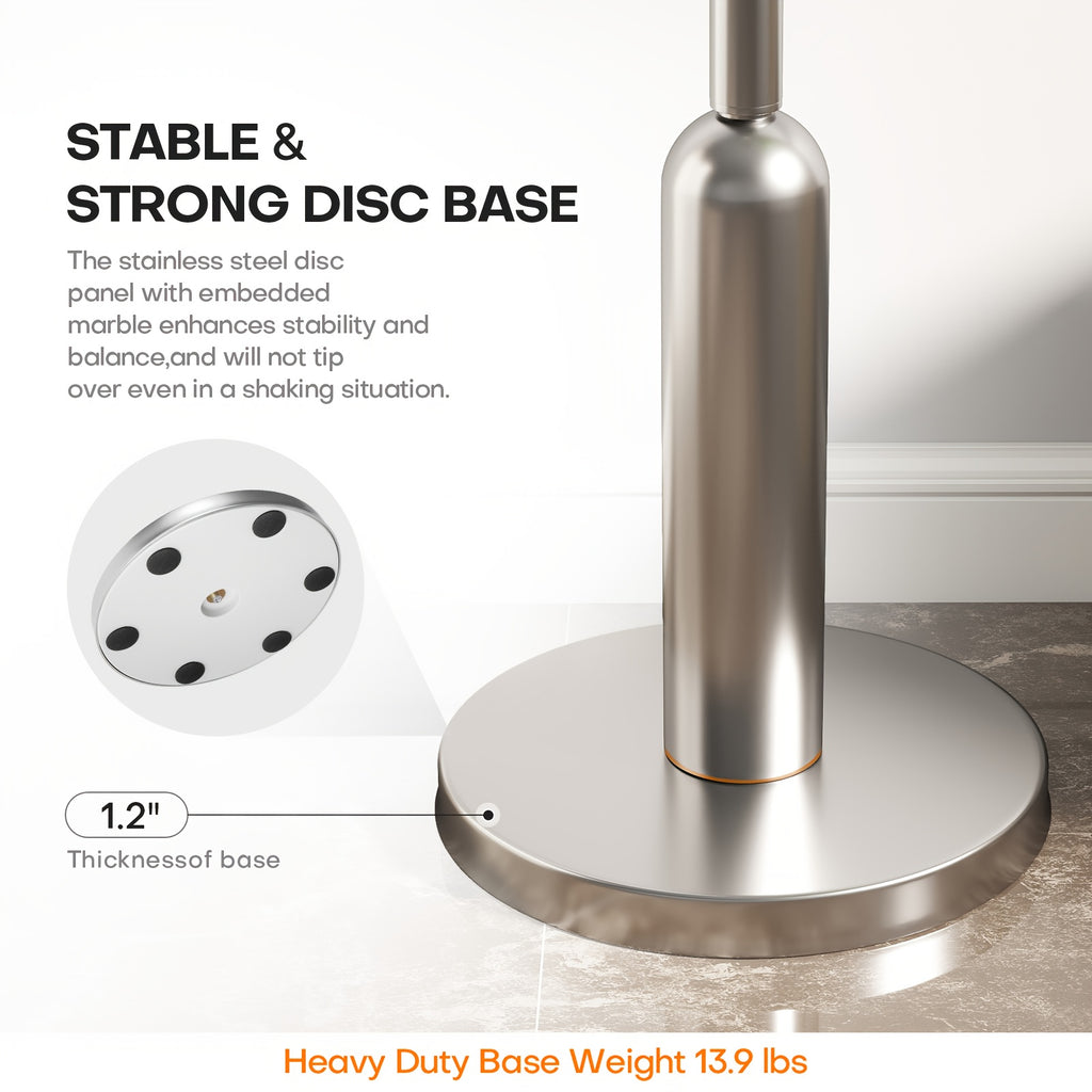 Heavy-Duty Freestanding Coat Rack with Stainless Steel Marble Base - 8 Ball-Shaped Hooks, Hardwood & Metal Construction, 27\