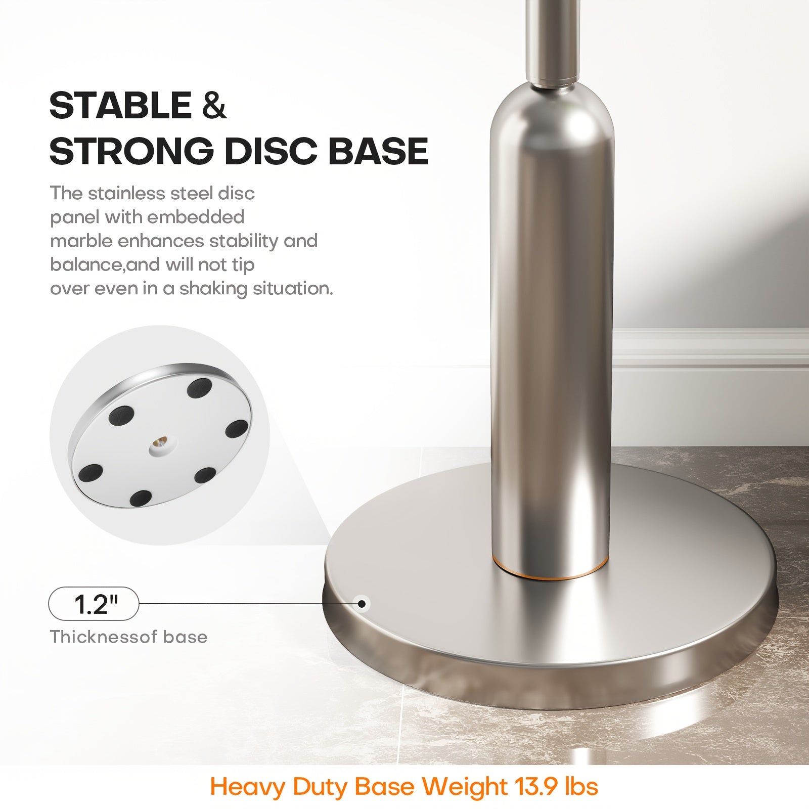 Heavy-Duty Freestanding Coat Rack with Stainless Steel Marble Base - 8 Ball-Shaped Hooks, Hardwood & Metal Construction, 27\