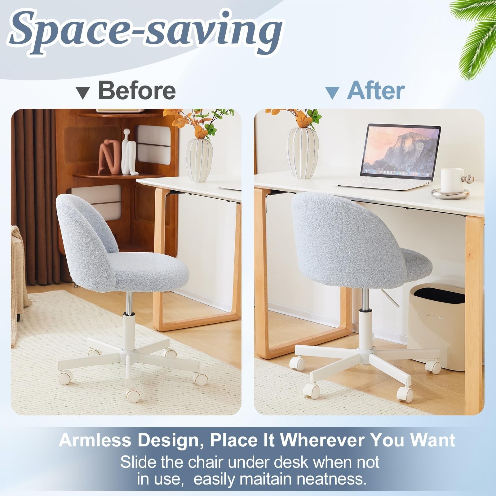 VINGLI Modern Teddy Fluffy Small Office Chair,Cute Desk Chair with Wheels,Gold Base\u002FStuds, Comfy Armless Swivel Vanity Task Chair, Nail Tech Chair for Bedroom,Small Space