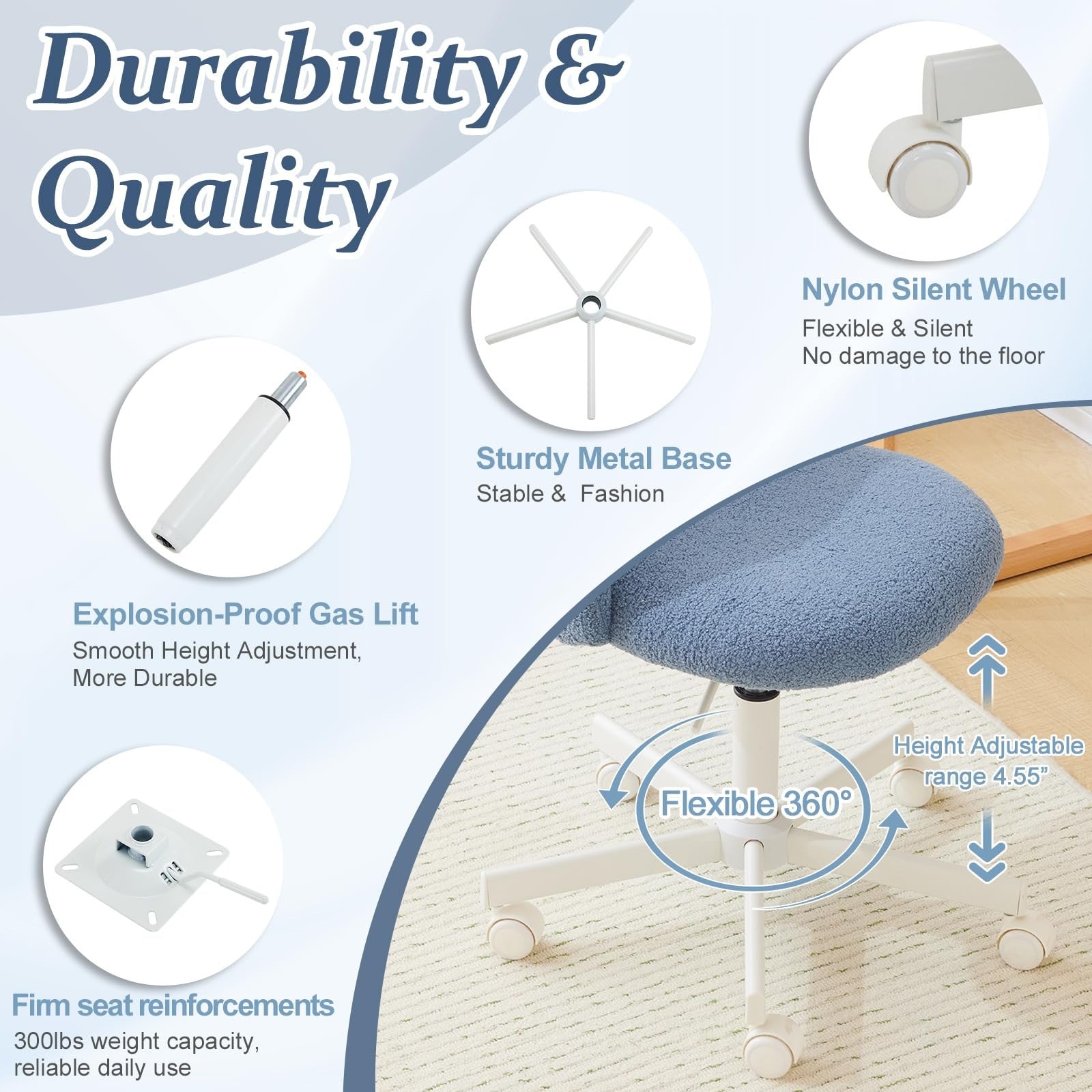 VINGLI Modern Teddy Fluffy Small Office Chair,Cute Desk Chair with Wheels,Gold Base\u002FStuds, Comfy Armless Swivel Vanity Task Chair, Nail Tech Chair for Bedroom,Small Space