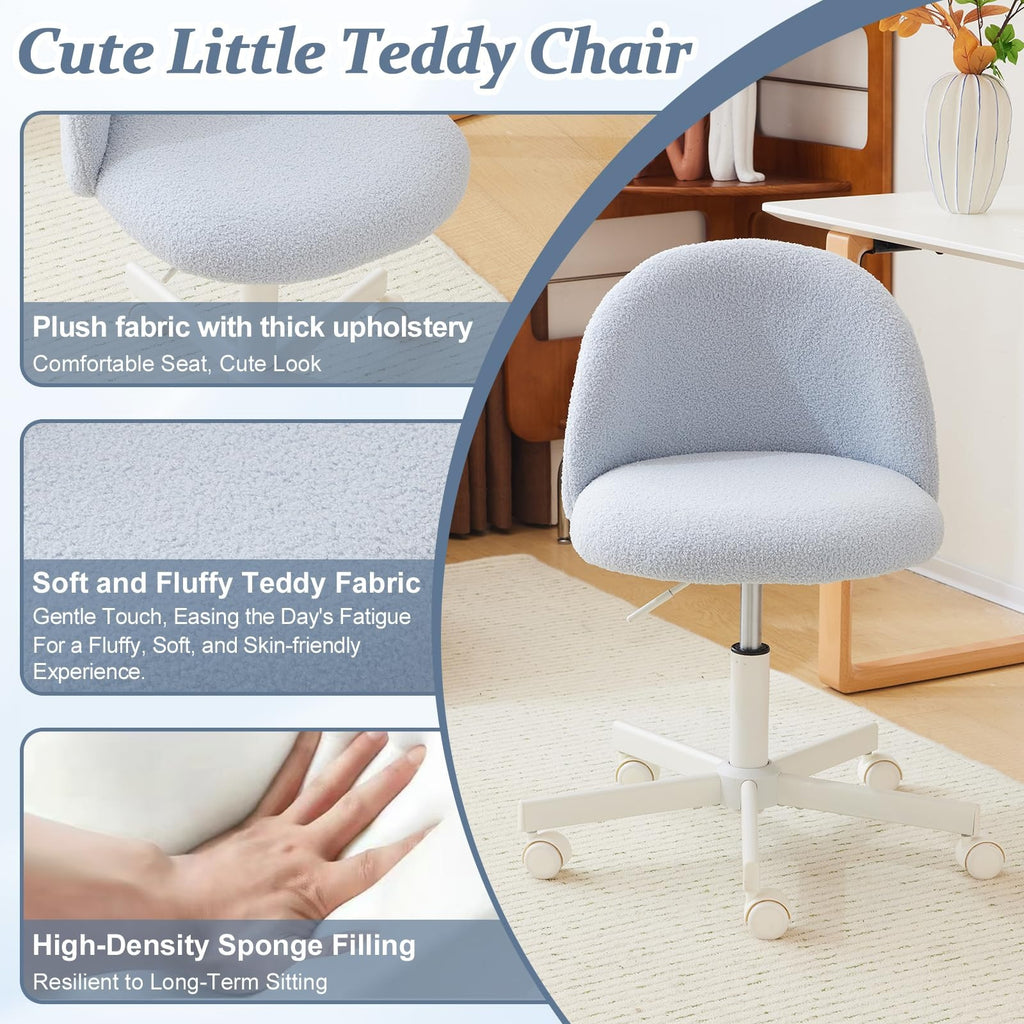 VINGLI Modern Teddy Fluffy Small Office Chair,Cute Desk Chair with Wheels,Gold Base\u002FStuds, Comfy Armless Swivel Vanity Task Chair, Nail Tech Chair for Bedroom,Small Space