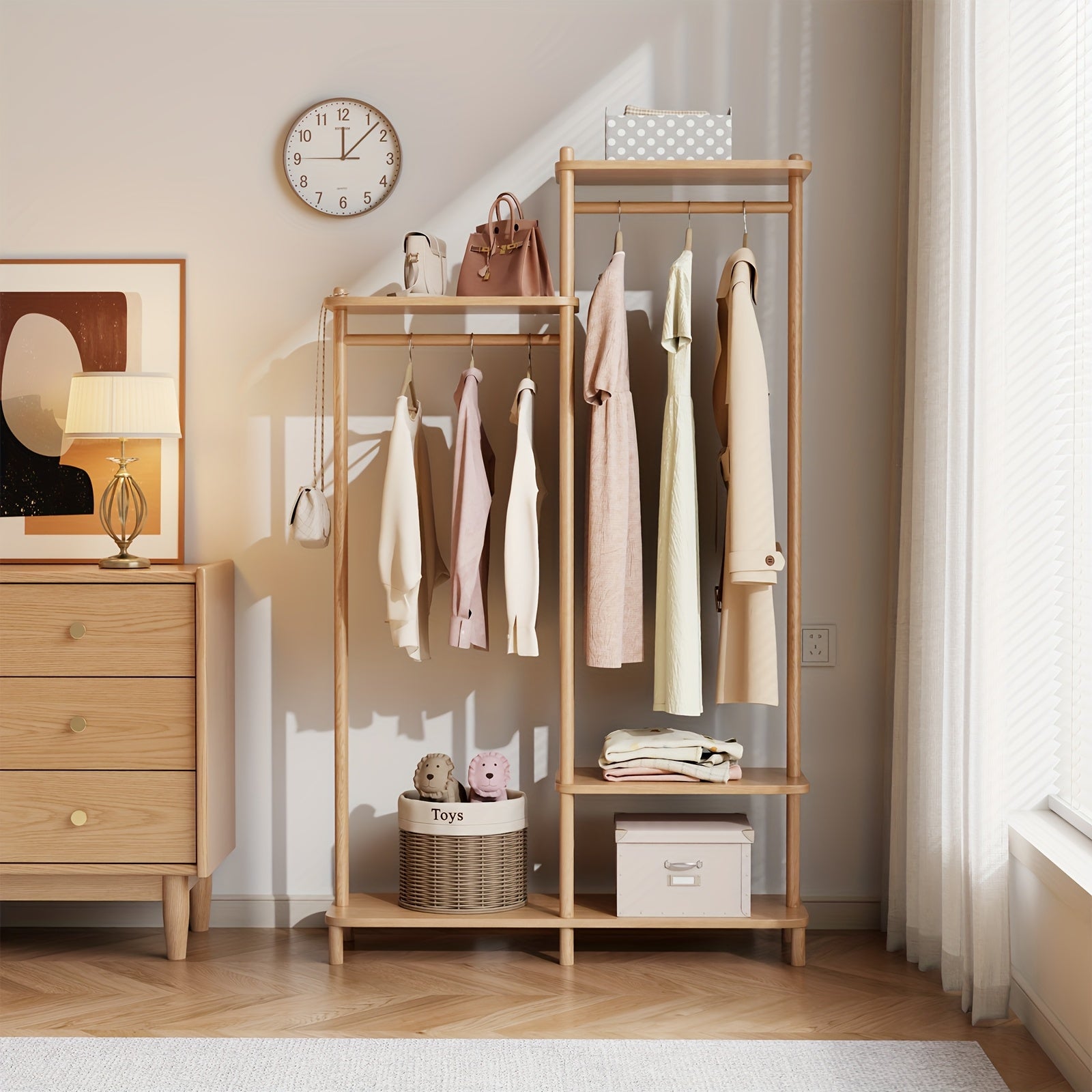 Kaslandi Solid Wood Coat Rack Furniture | Multi-Tier Hanging Rack, Clothes Hanging Rack, Clothes Drying Rack | Upper And Lower Storage + Alphabet Shelf Design | Versatile for Foyer And Bedroom! Free Shipping