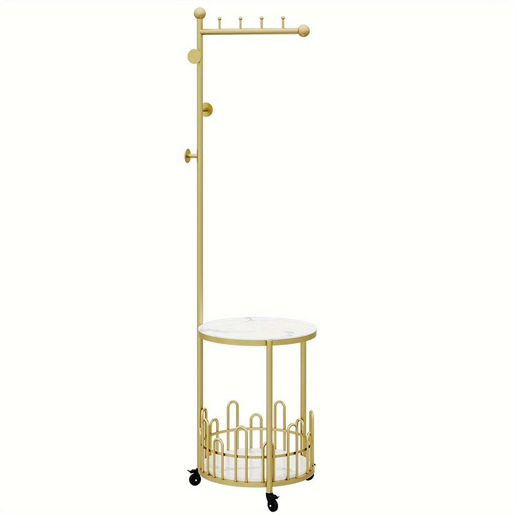 Sturdy Freestanding Iron Garment Rack with Storage Shelf and Hooks, Golden Single Rod Clothing Rack with Wheels and Table - 15.7in x 15.7in x 66.9in