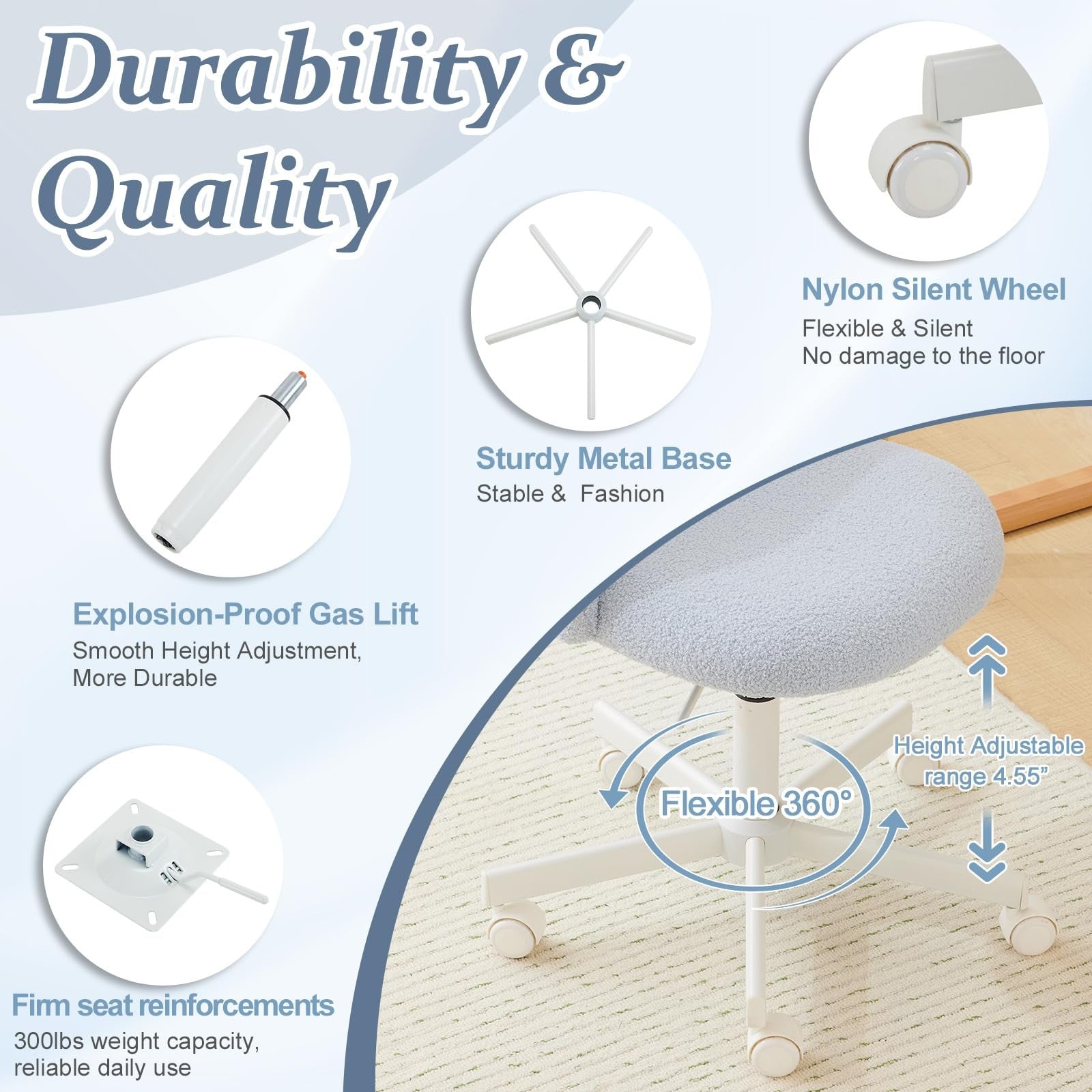 VINGLI Modern Teddy Fluffy Small Office Chair,Cute Desk Chair with Wheels,Gold Base\u002FStuds, Comfy Armless Swivel Vanity Task Chair, Nail Tech Chair for Bedroom,Small Space