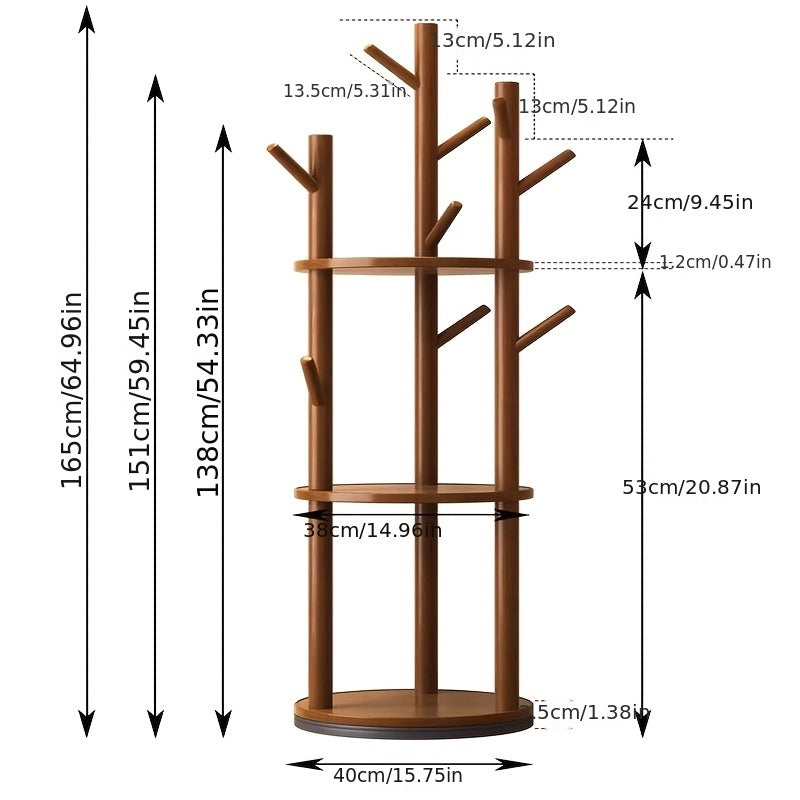 Rotary Solid Wood Coat Rack with 3 Shelves and 9 Hooks, Freestanding Sturdy Coat Tree for Entryway, Bedroom - Multi-Purpose Storage Organizer for Coats, Bags, Coat Rack Stand, 360-degree Rotation, Independent