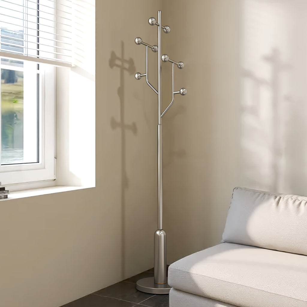 Heavy-Duty Freestanding Coat Rack with Stainless Steel Marble Base - 8 Ball-Shaped Hooks, Hardwood & Metal Construction, 27\