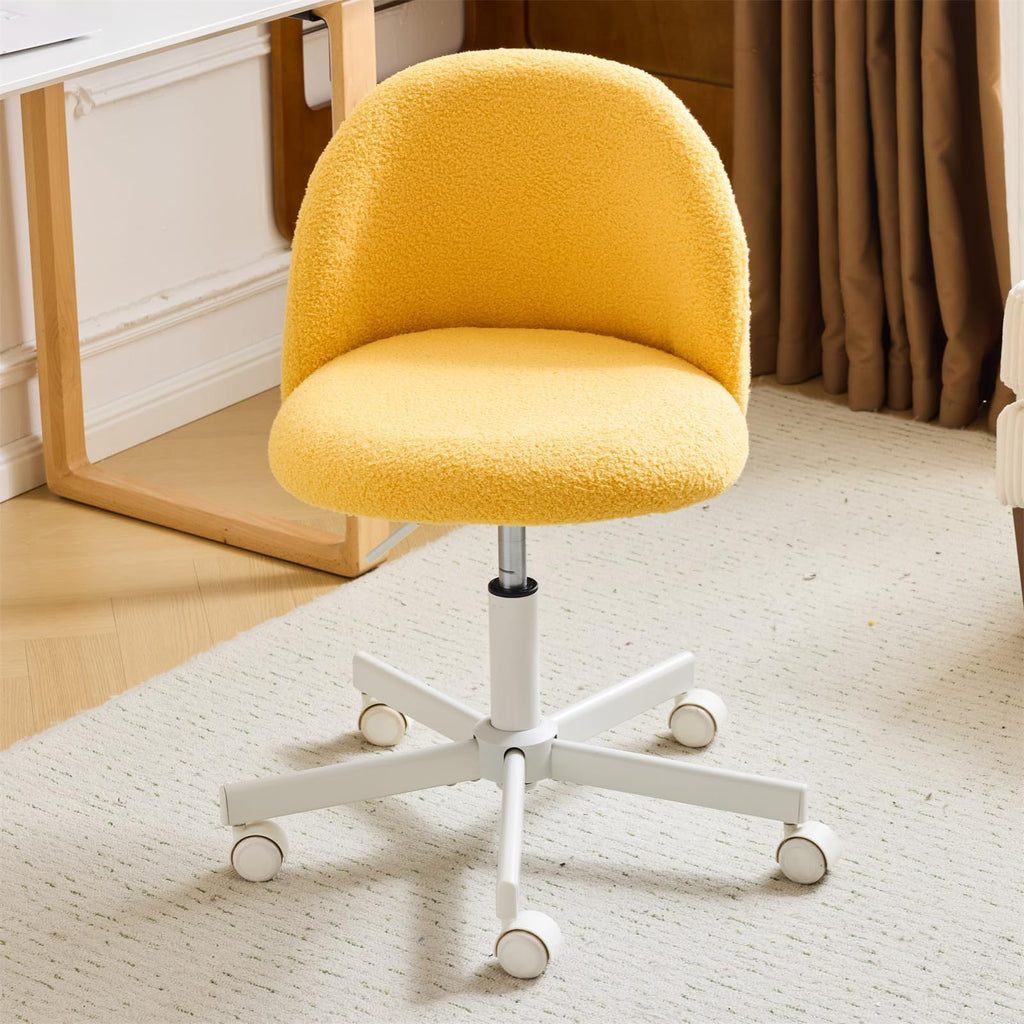 VINGLI Modern Teddy Fluffy Small Office Chair,Cute Desk Chair with Wheels,Gold Base\u002FStuds, Comfy Armless Swivel Vanity Task Chair, Nail Tech Chair for Bedroom,Small Space