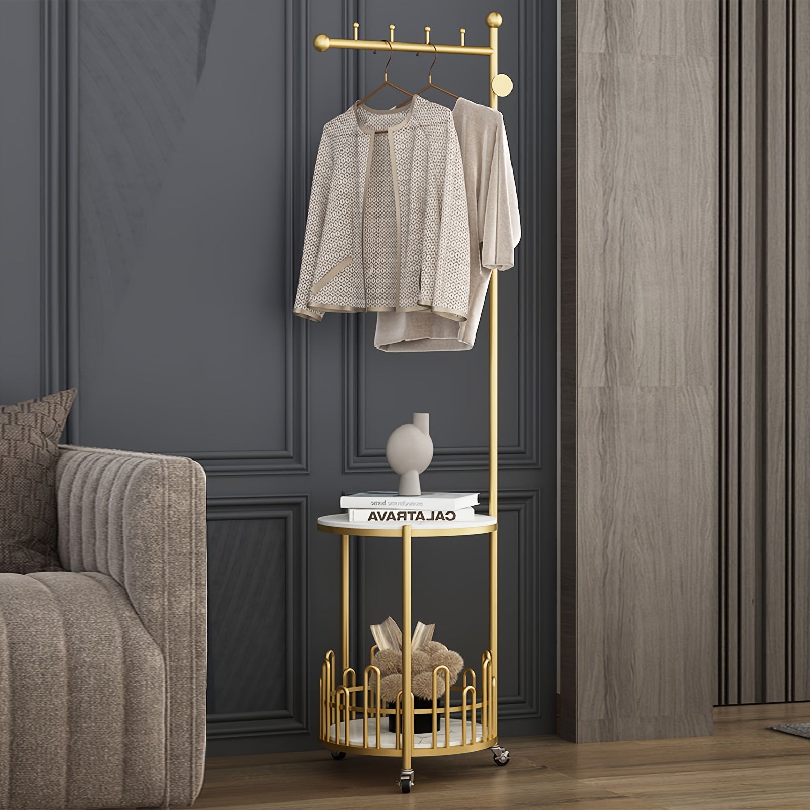 Sturdy Freestanding Iron Garment Rack with Storage Shelf and Hooks, Golden Single Rod Clothing Rack with Wheels and Table - 15.7in x 15.7in x 66.9in