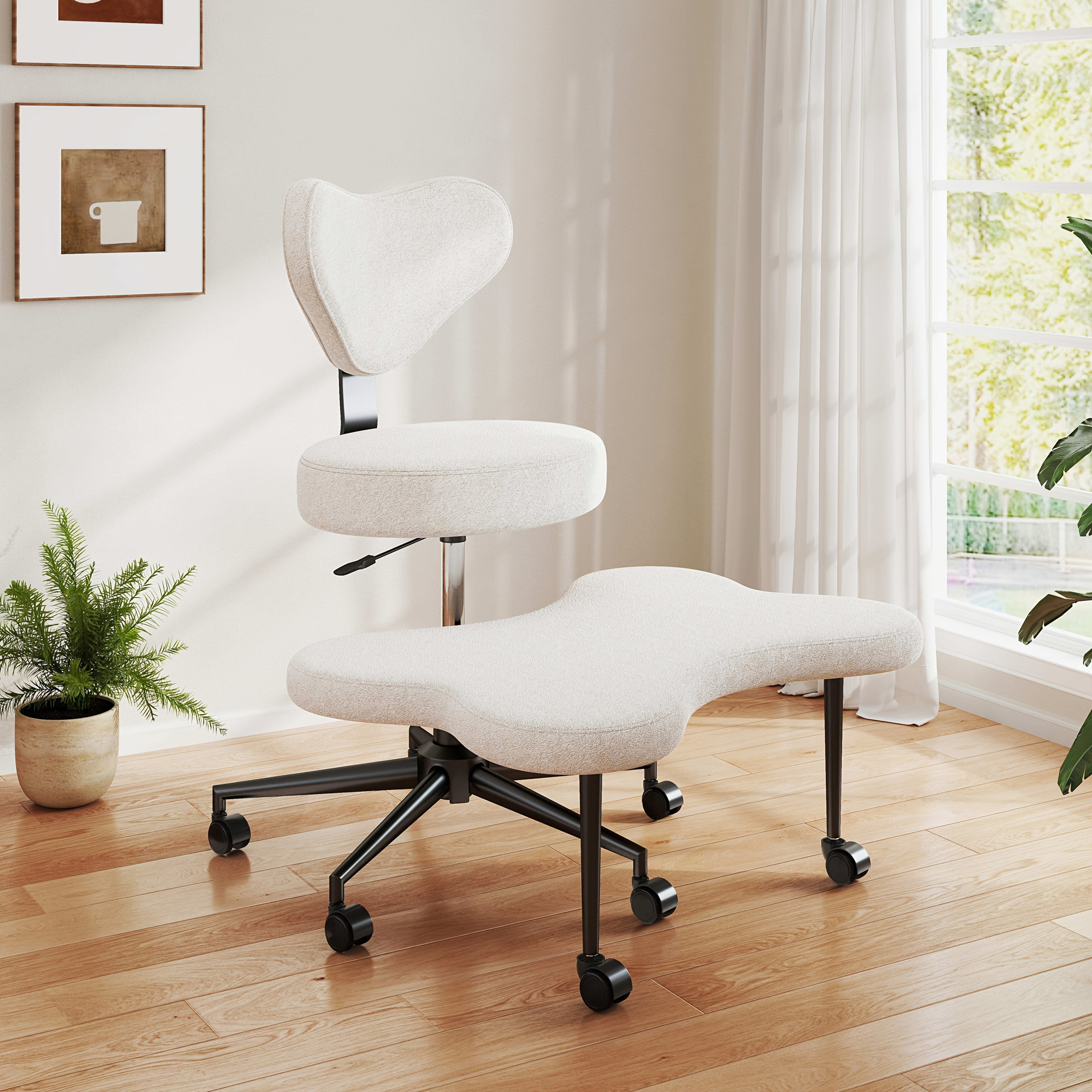 Ergonomic Office Chair Ergonomic Office Chair with Wheels, Cross Legged Chair, Height Adjustable Seat and Footstool, Ergonomic Back Support, Teddy Velvet White And Faux PU Black, Office Furniture Gift Choice