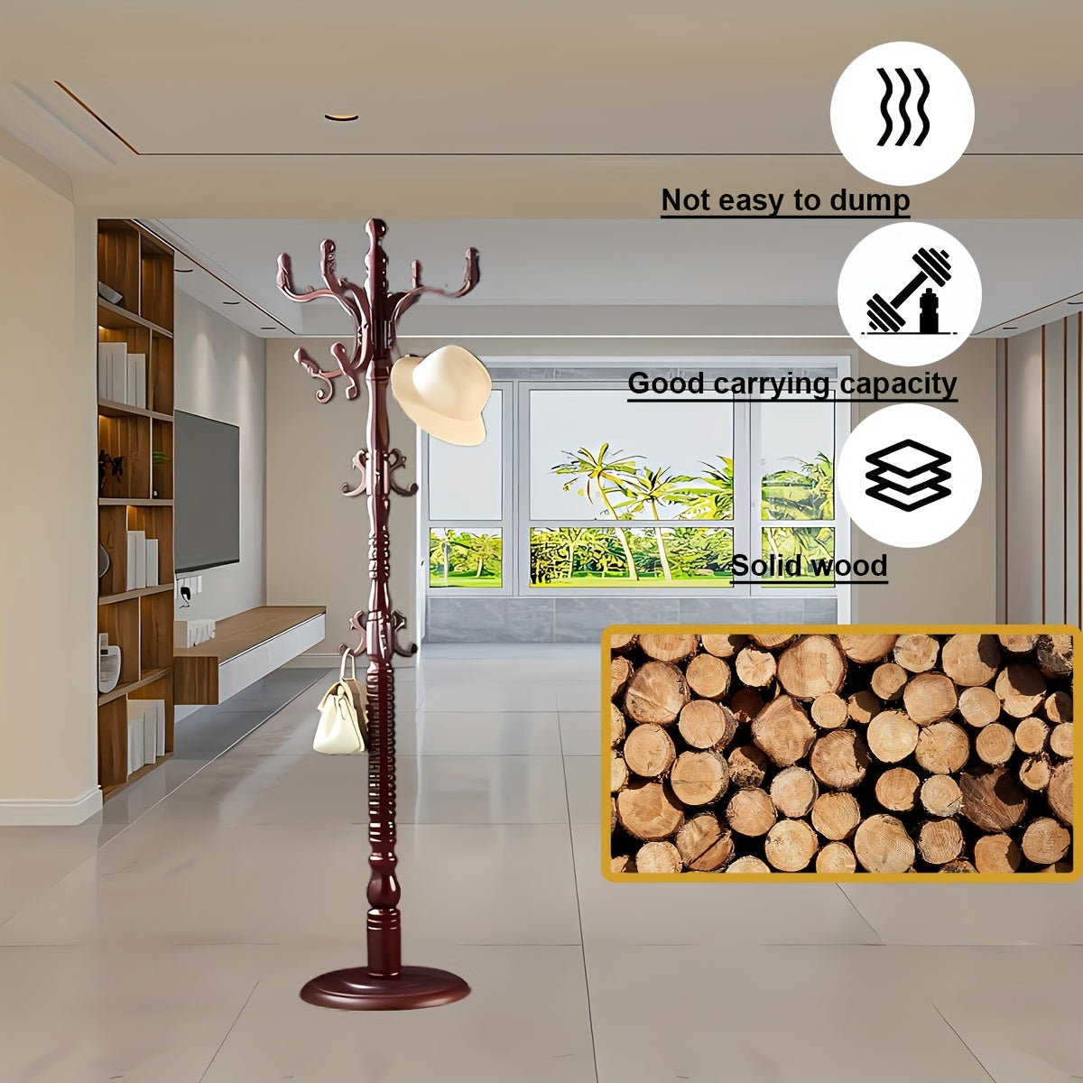 Coat Rack Freestanding, Wooden Coat Rack 14 Hooks, Solid Tree Coat Hanger Stable Disc Base, Adjustable Floor Hanger, for Bedroom Office Hallway Entryway