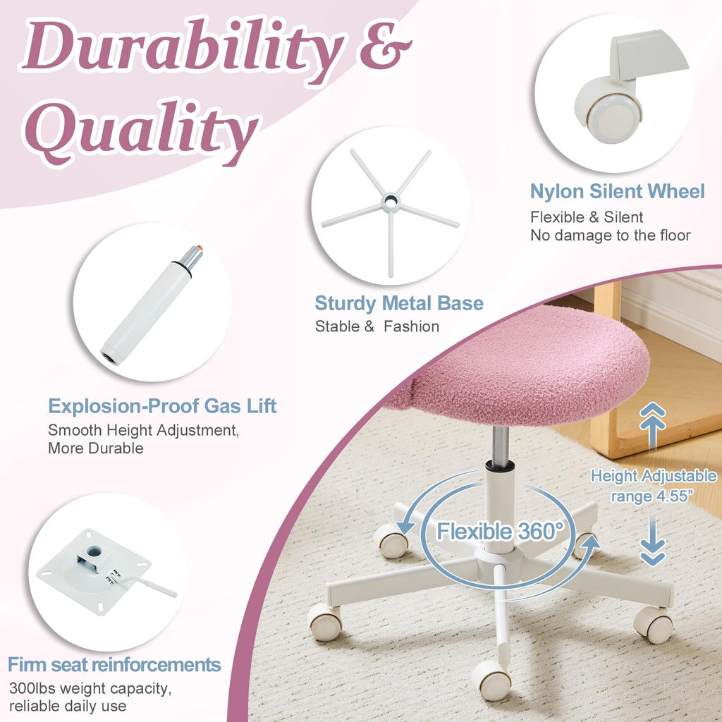 VINGLI Modern Teddy Fluffy Small Office Chair,Cute Desk Chair with Wheels,Gold Base\u002FStuds, Comfy Armless Swivel Vanity Task Chair, Nail Tech Chair for Bedroom,Small Space