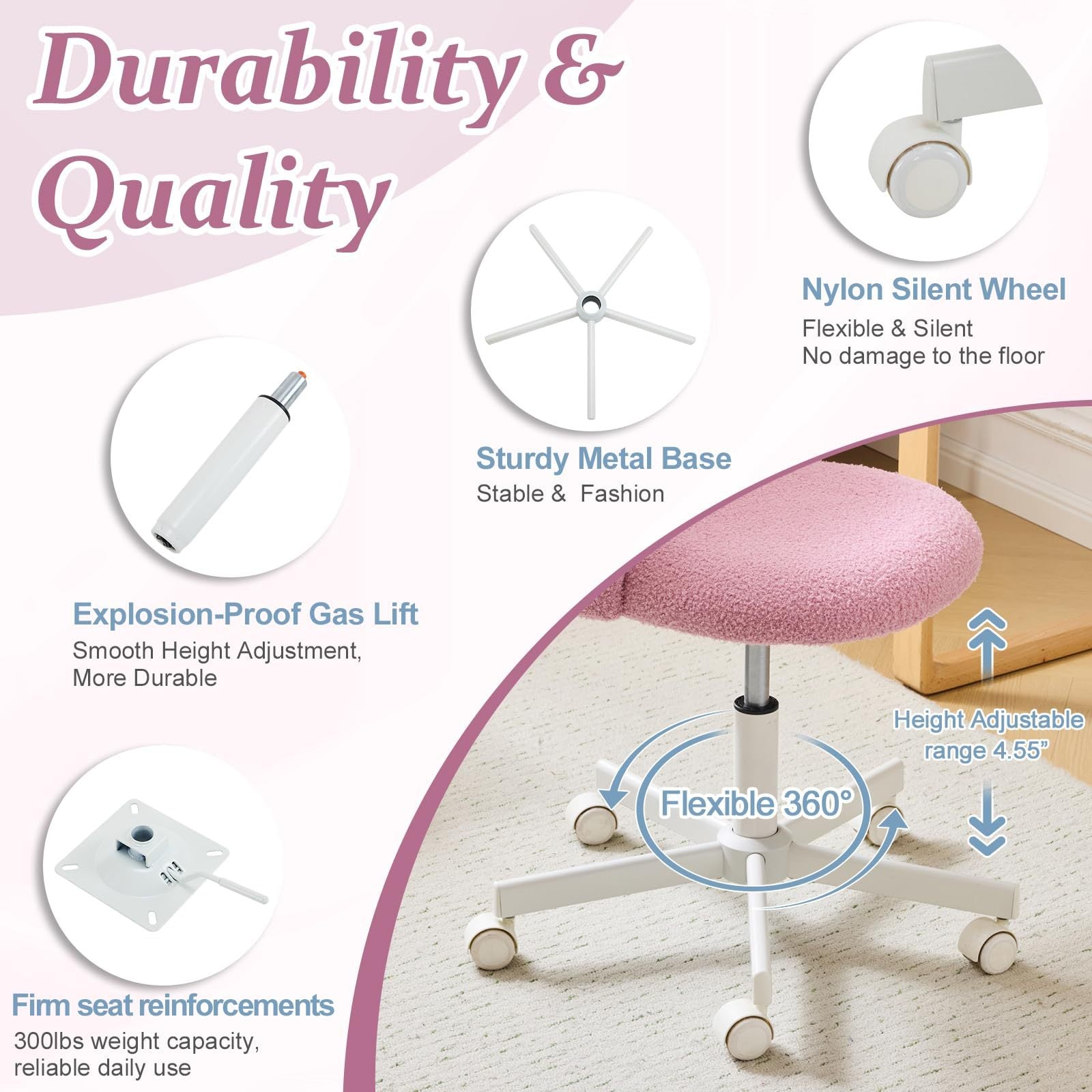 VINGLI Modern Teddy Fluffy Small Office Chair,Cute Desk Chair with Wheels,Gold Base\u002FStuds, Comfy Armless Swivel Vanity Task Chair, Nail Tech Chair for Bedroom,Small Space