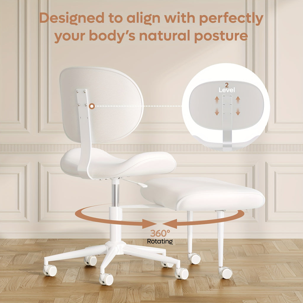 Pinmoco Upgrated Ergonomic Office Chair, Cross Legged Office Chair, Height Adjustable Back Support, 360° Swivel Seat and Stool, 5-Wheel Base, Heavy-Duty Rolling Desk Chair, Faux PU Black\u002FWhite, Upgrated Version