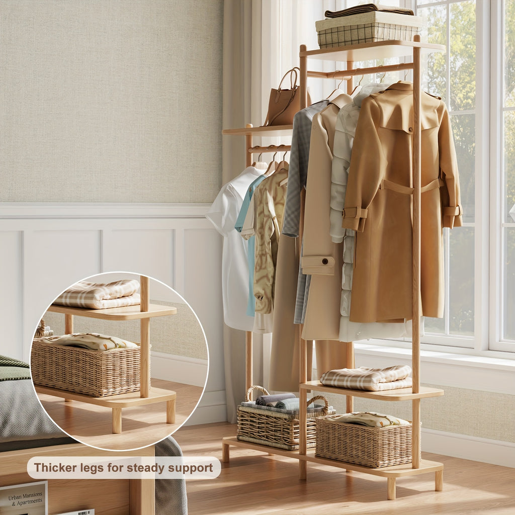 Kaslandi Solid Wood Coat Rack Furniture | Multi-Tier Hanging Rack, Clothes Hanging Rack, Clothes Drying Rack | Upper And Lower Storage + Alphabet Shelf Design | Versatile for Foyer And Bedroom! Free Shipping