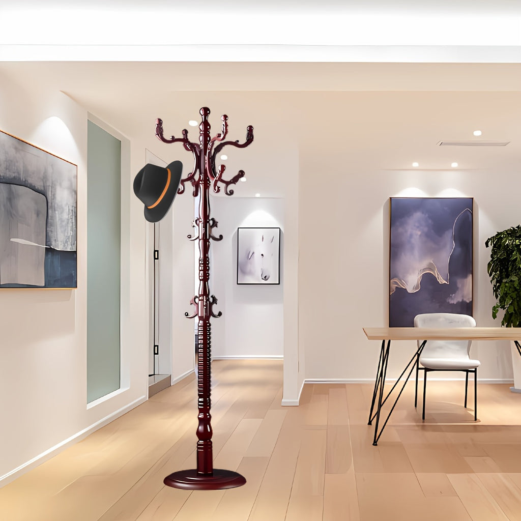 Coat Rack Freestanding, Wooden Coat Rack 14 Hooks, Solid Tree Coat Hanger Stable Disc Base, Adjustable Floor Hanger, for Bedroom Office Hallway Entryway