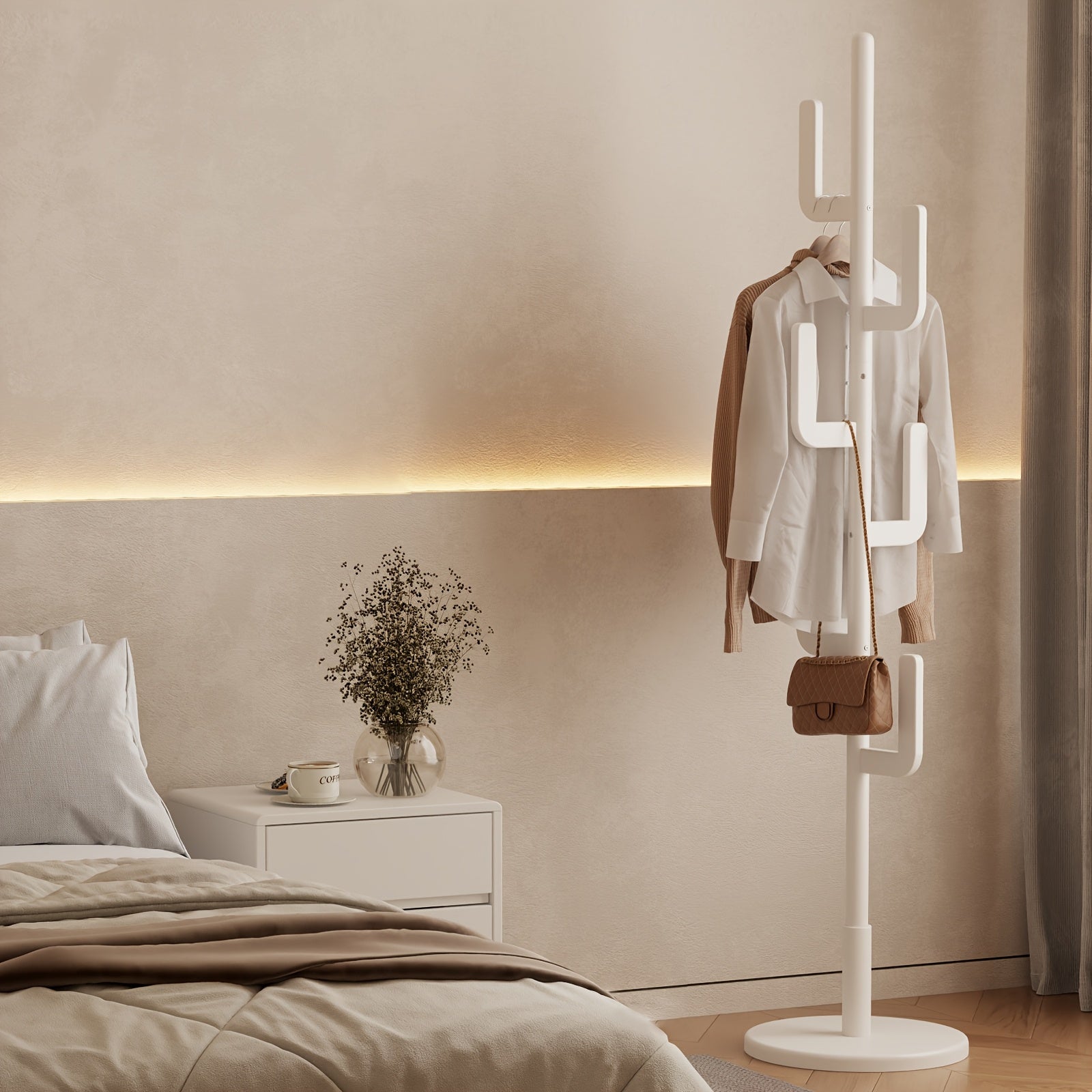 Kaslandi Space Entryway Furniture Coat Rack, Solid Wood Floor Standing Clothes Rack, Bedroom Home Garment Rack with Six Hooks, Multi-Style & Multi-Functional Hanging Coat Rack.