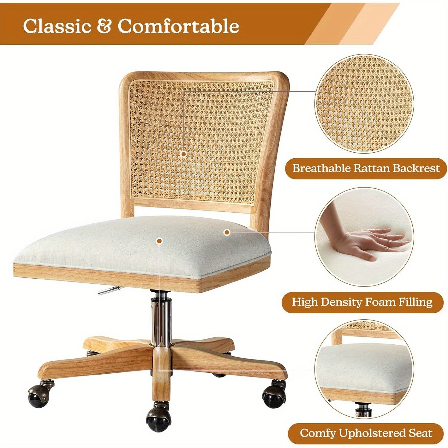 Modern Home Office Chair Comfortable Upholstered Armless Desk Chair, Adjustable Swivel Rolling Computer Chair with Rattan Mid-Back Support, Linen