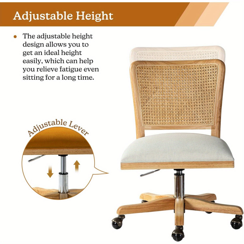 Modern Home Office Chair Comfortable Upholstered Armless Desk Chair, Adjustable Swivel Rolling Computer Chair with Rattan Mid-Back Support, Linen