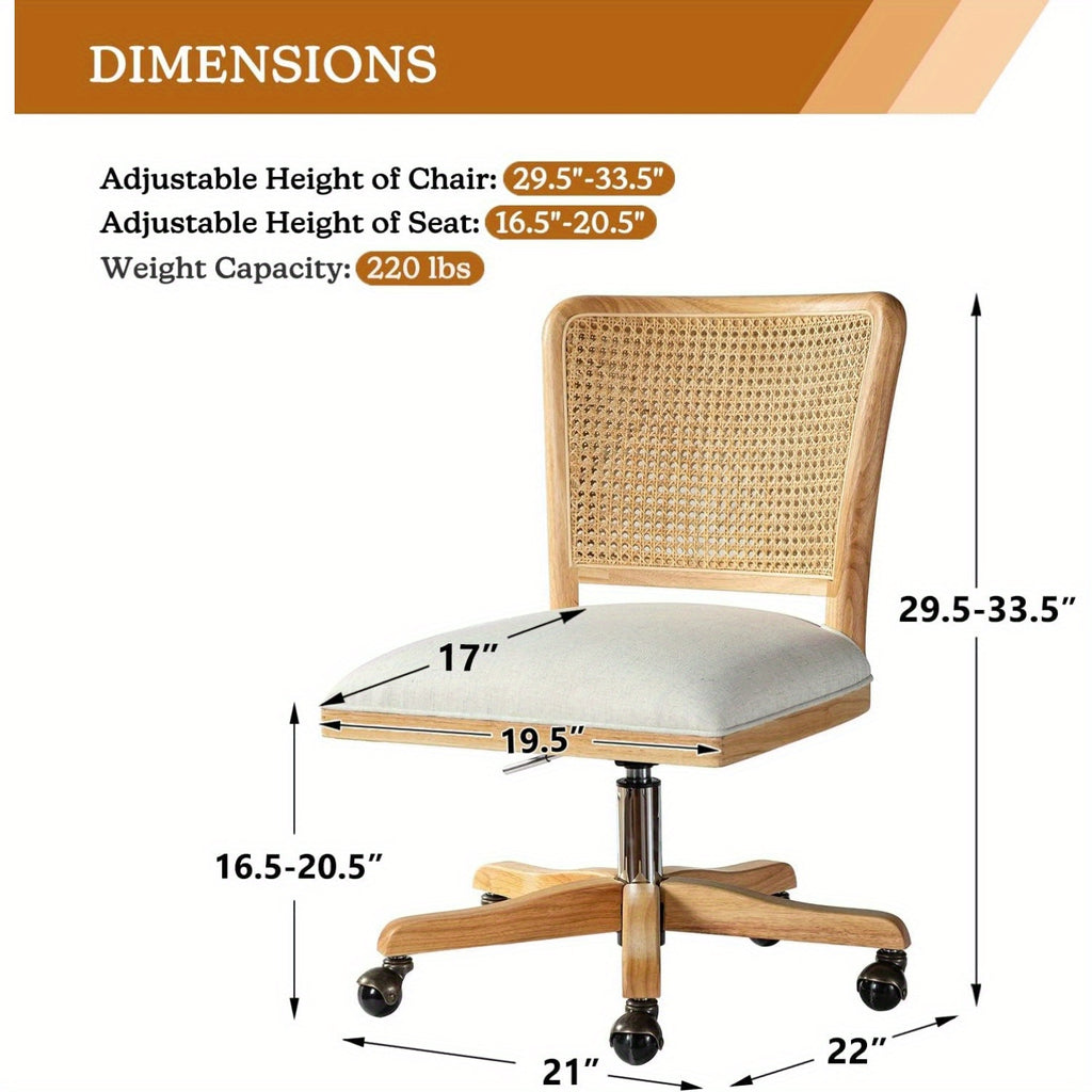 Modern Home Office Chair Comfortable Upholstered Armless Desk Chair, Adjustable Swivel Rolling Computer Chair with Rattan Mid-Back Support, Linen