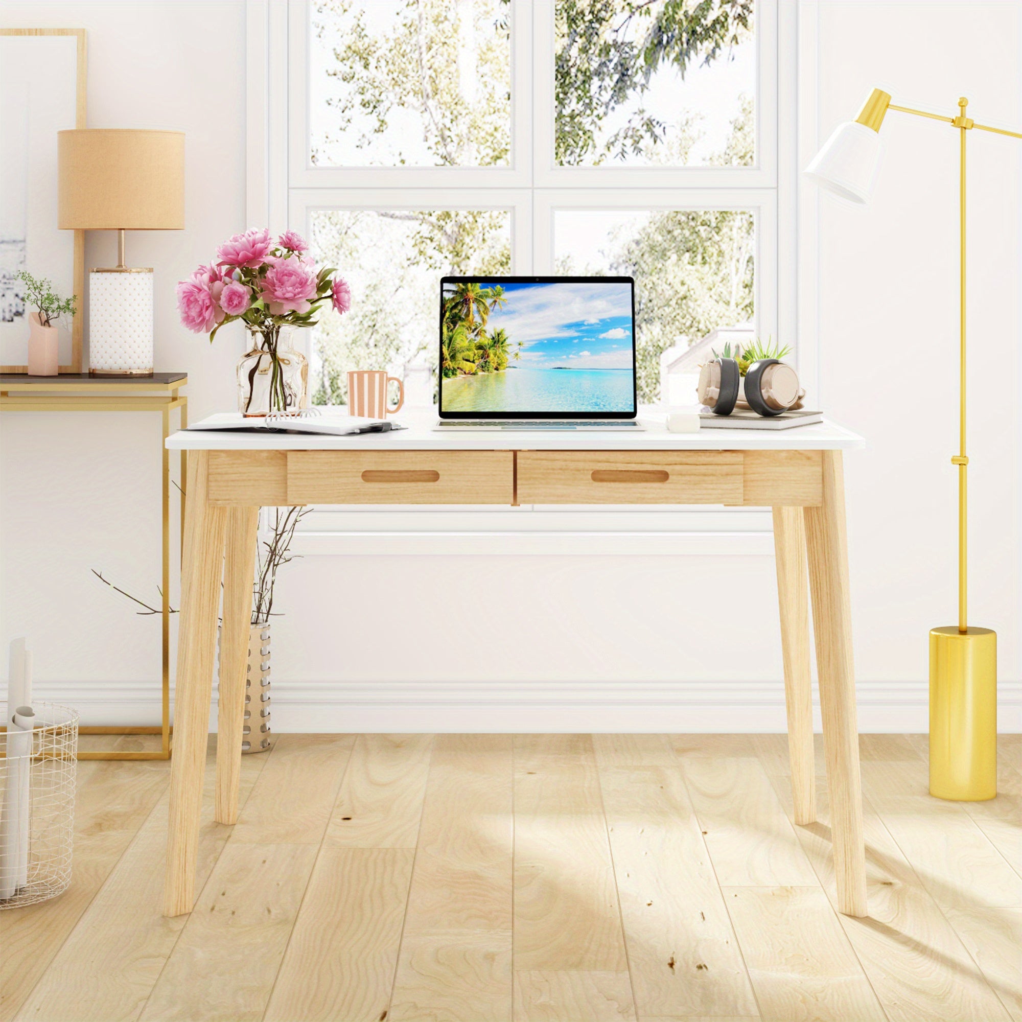 Modern Minimalist Wooden Desk with 2 Drawers – Sleek Hardwood Study or Office Desk, Light Wood Finish, Rounded Corners, Perfect for Home Office or Workspace Organization, Office Desk Accessories