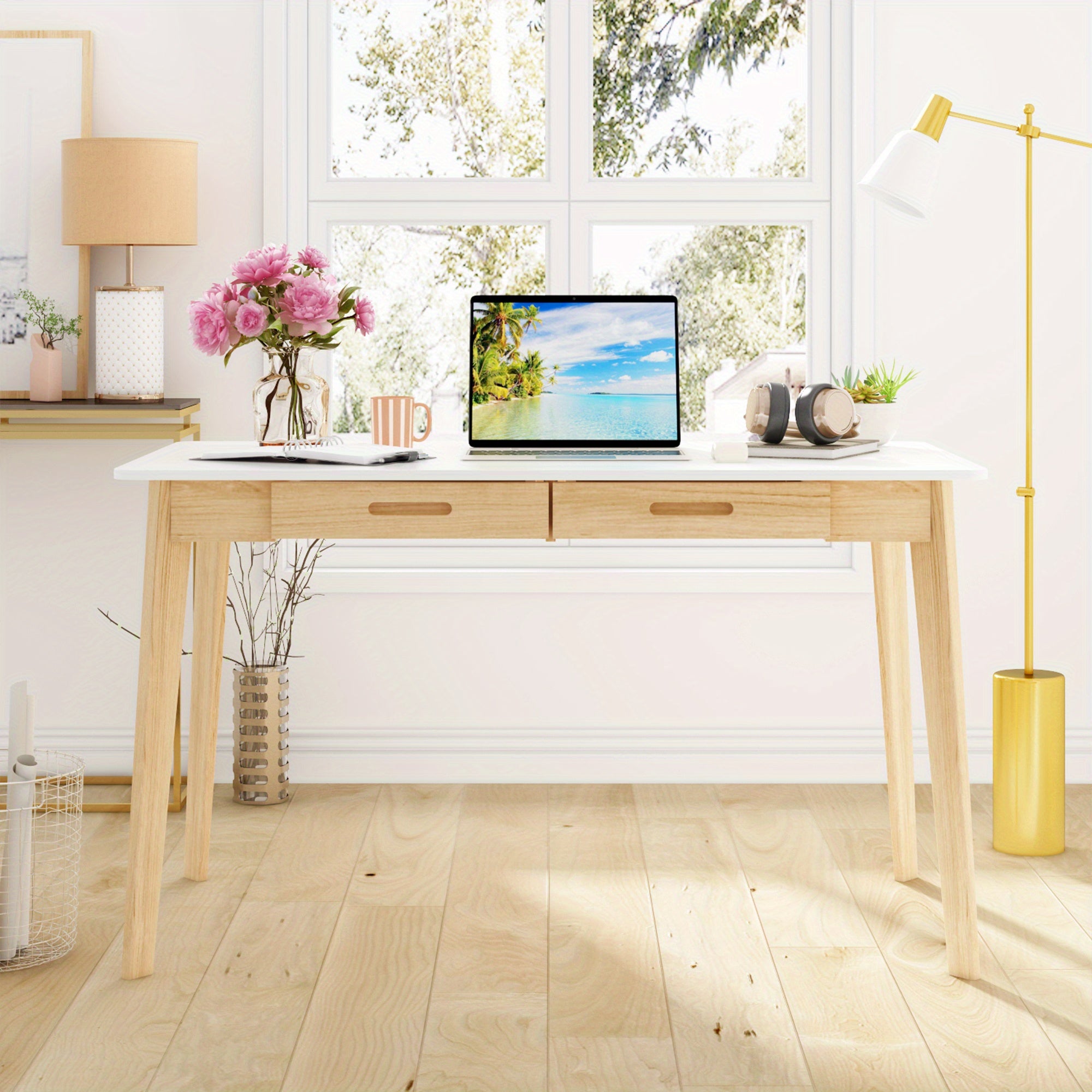 Modern Minimalist Wooden Desk with 2 Drawers – Sleek Hardwood Study or Office Desk, Light Wood Finish, Rounded Corners, Perfect for Home Office or Workspace Organization, Office Desk Accessories