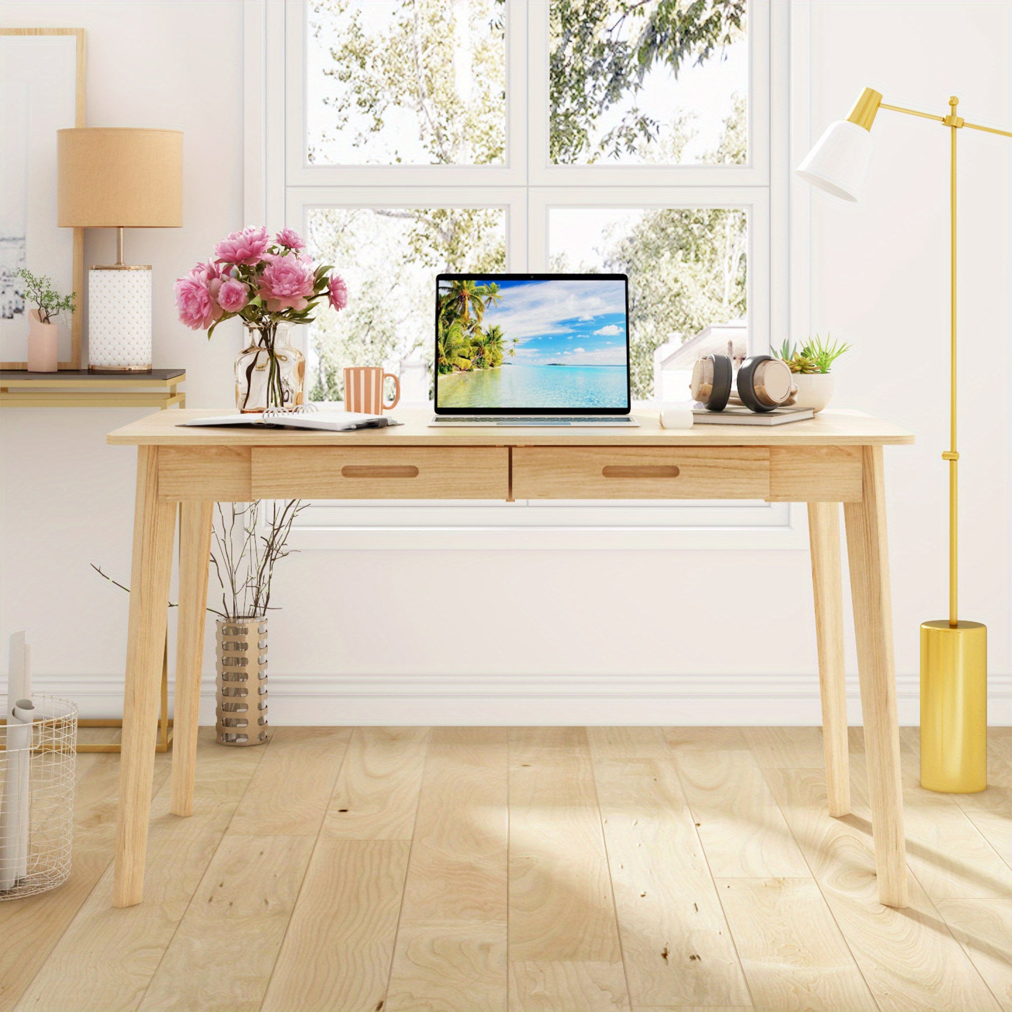 Modern Minimalist Wooden Desk with 2 Drawers – Sleek Hardwood Study or Office Desk, Light Wood Finish, Rounded Corners, Perfect for Home Office or Workspace Organization, Office Desk Accessories