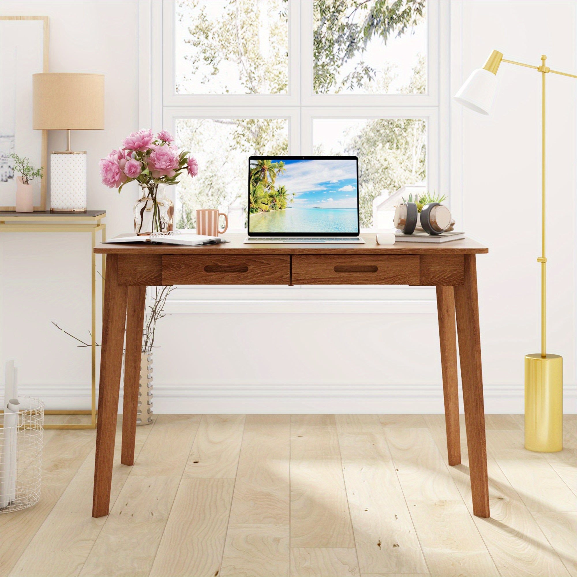 Modern Minimalist Wooden Desk with 2 Drawers – Sleek Hardwood Study or Office Desk, Light Wood Finish, Rounded Corners, Perfect for Home Office or Workspace Organization, Office Desk Accessories