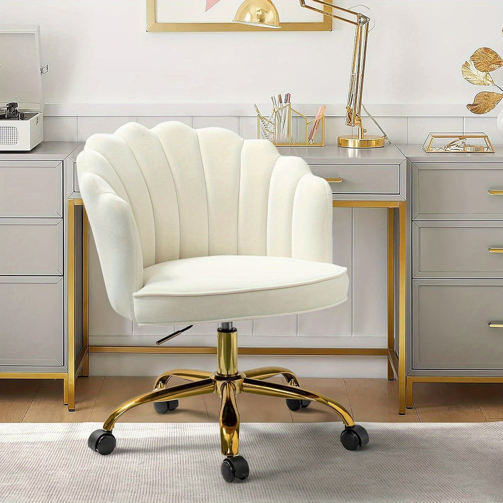 Modern Ivory Velvet Office Chair with Golden Base, Adjustable Swivel Task Chair for Women, Cute Shell Back Upholstered Desk Chair for Home Office, Living Room, or Vanity, 5-Wheel Base for Stability