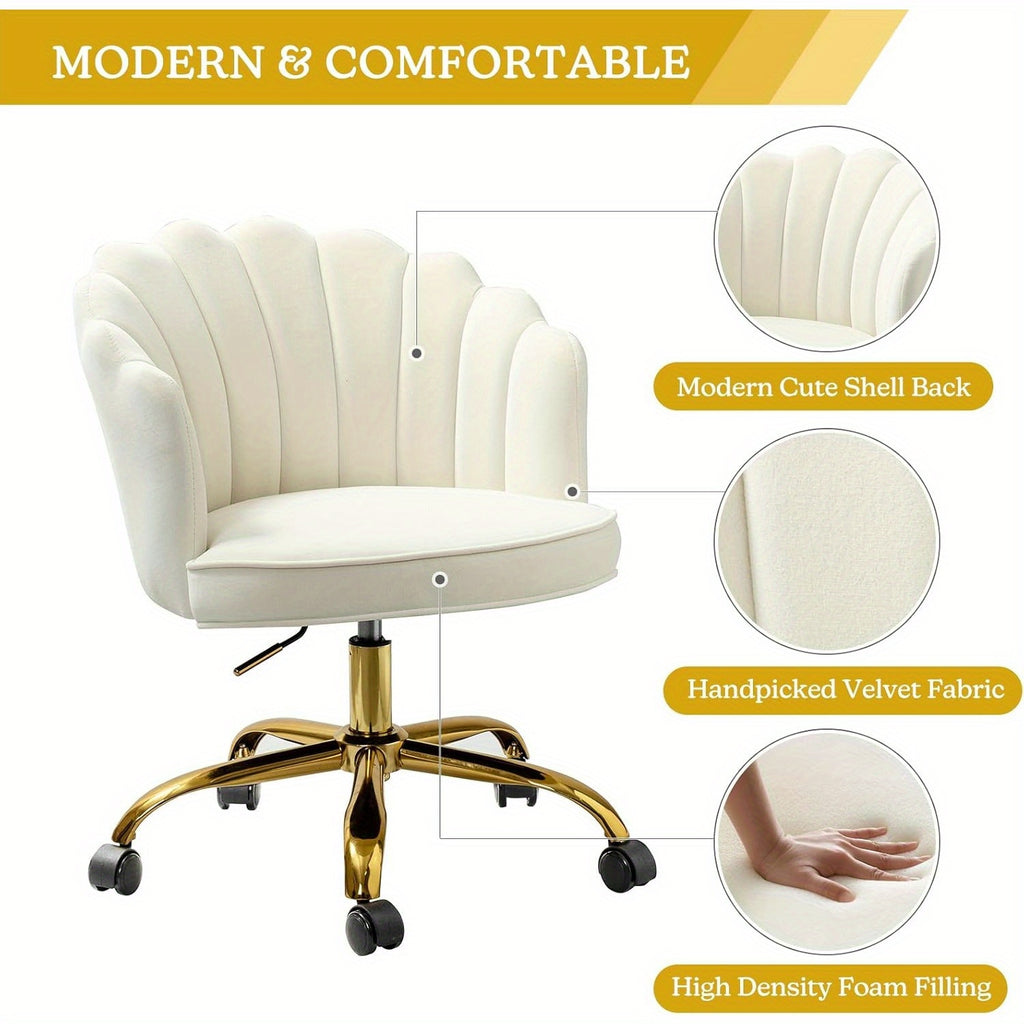 Modern Ivory Velvet Office Chair with Golden Base, Adjustable Swivel Task Chair for Women, Cute Shell Back Upholstered Desk Chair for Home Office, Living Room, or Vanity, 5-Wheel Base for Stability