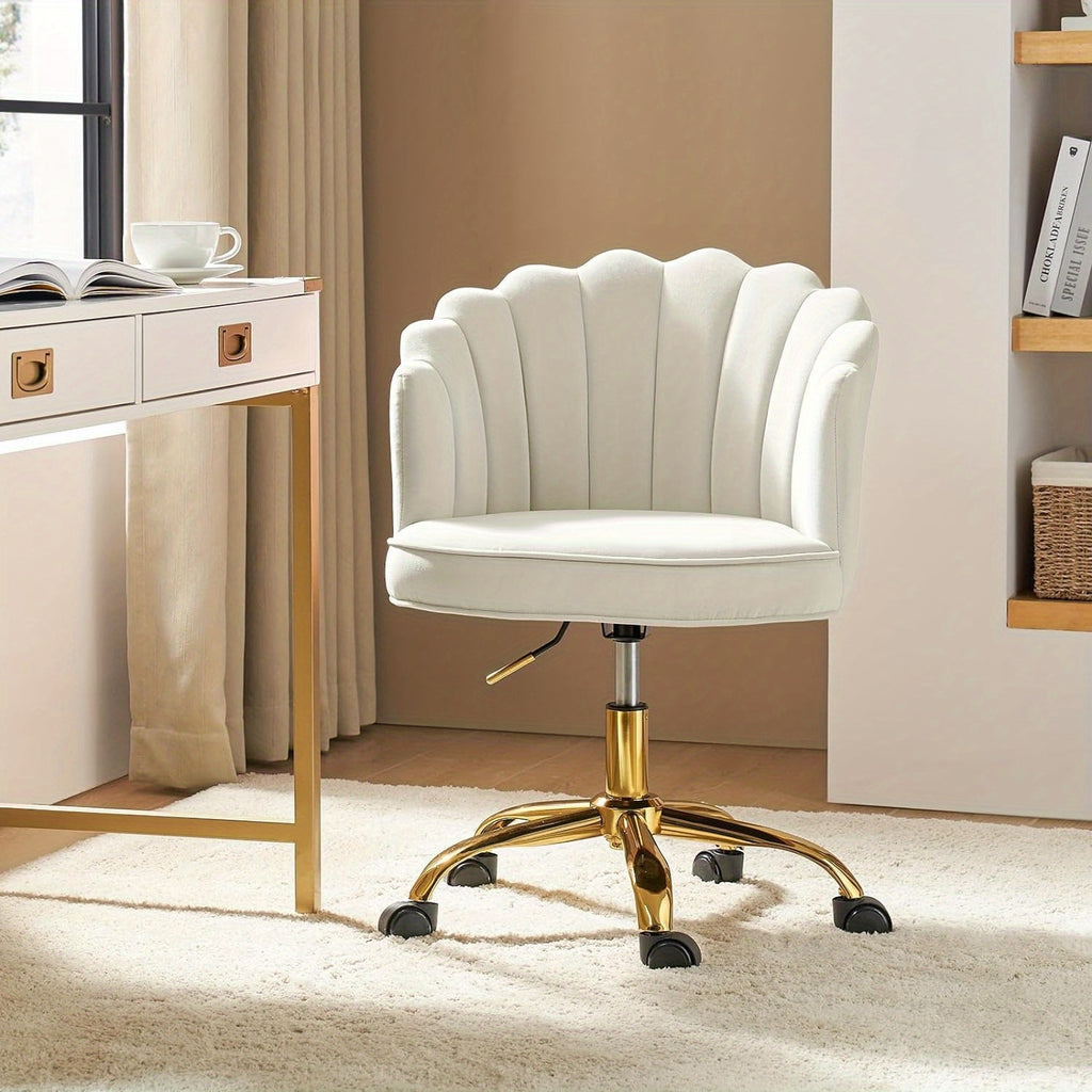 Modern Ivory Velvet Office Chair with Golden Base, Adjustable Swivel Task Chair for Women, Cute Shell Back Upholstered Desk Chair for Home Office, Living Room, or Vanity, 5-Wheel Base for Stability