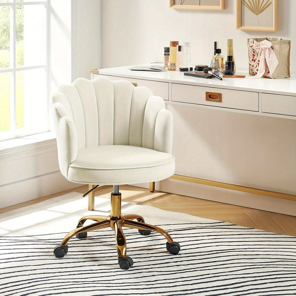 Modern Ivory Velvet Office Chair with Golden Base, Adjustable Swivel Task Chair for Women, Cute Shell Back Upholstered Desk Chair for Home Office, Living Room, or Vanity, 5-Wheel Base for Stability