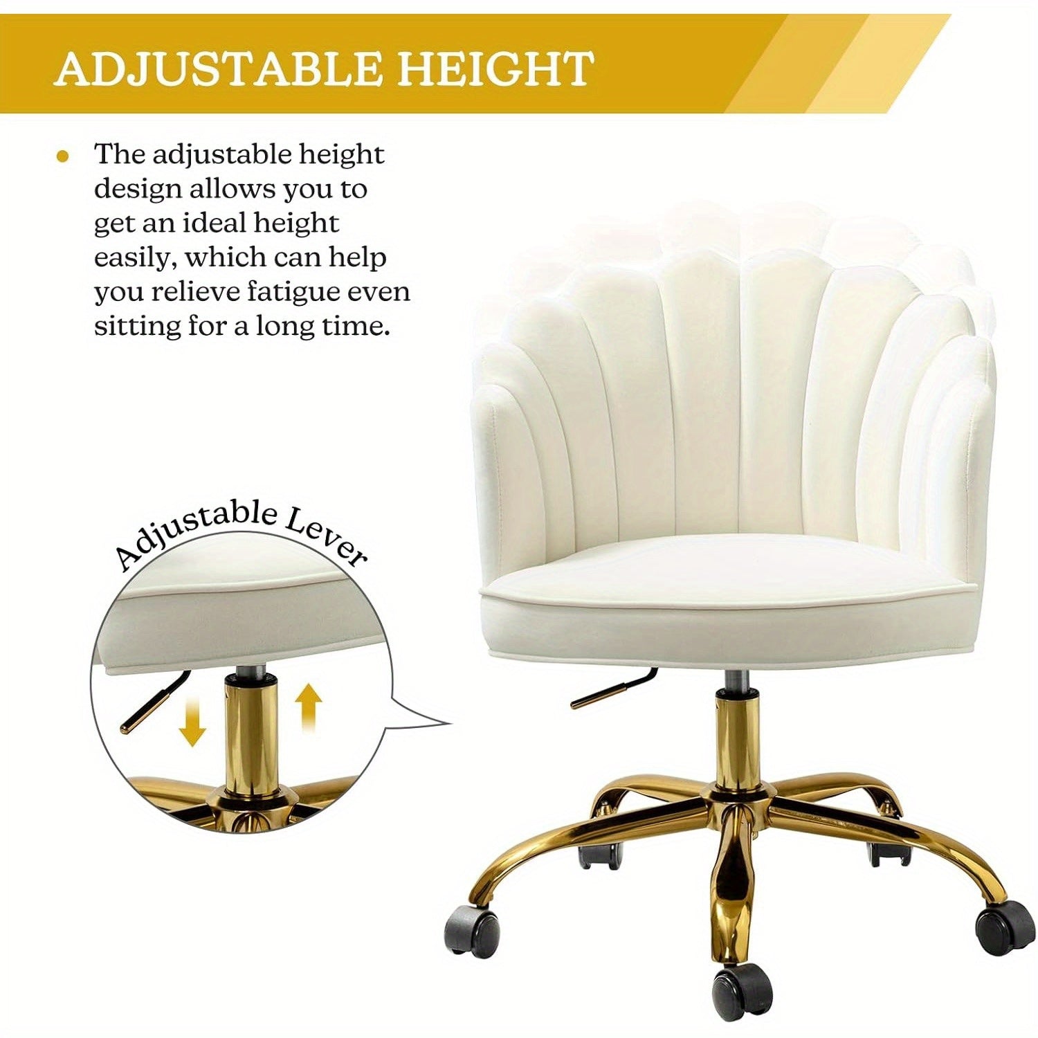 Modern Ivory Velvet Office Chair with Golden Base, Adjustable Swivel Task Chair for Women, Cute Shell Back Upholstered Desk Chair for Home Office, Living Room, or Vanity, 5-Wheel Base for Stability