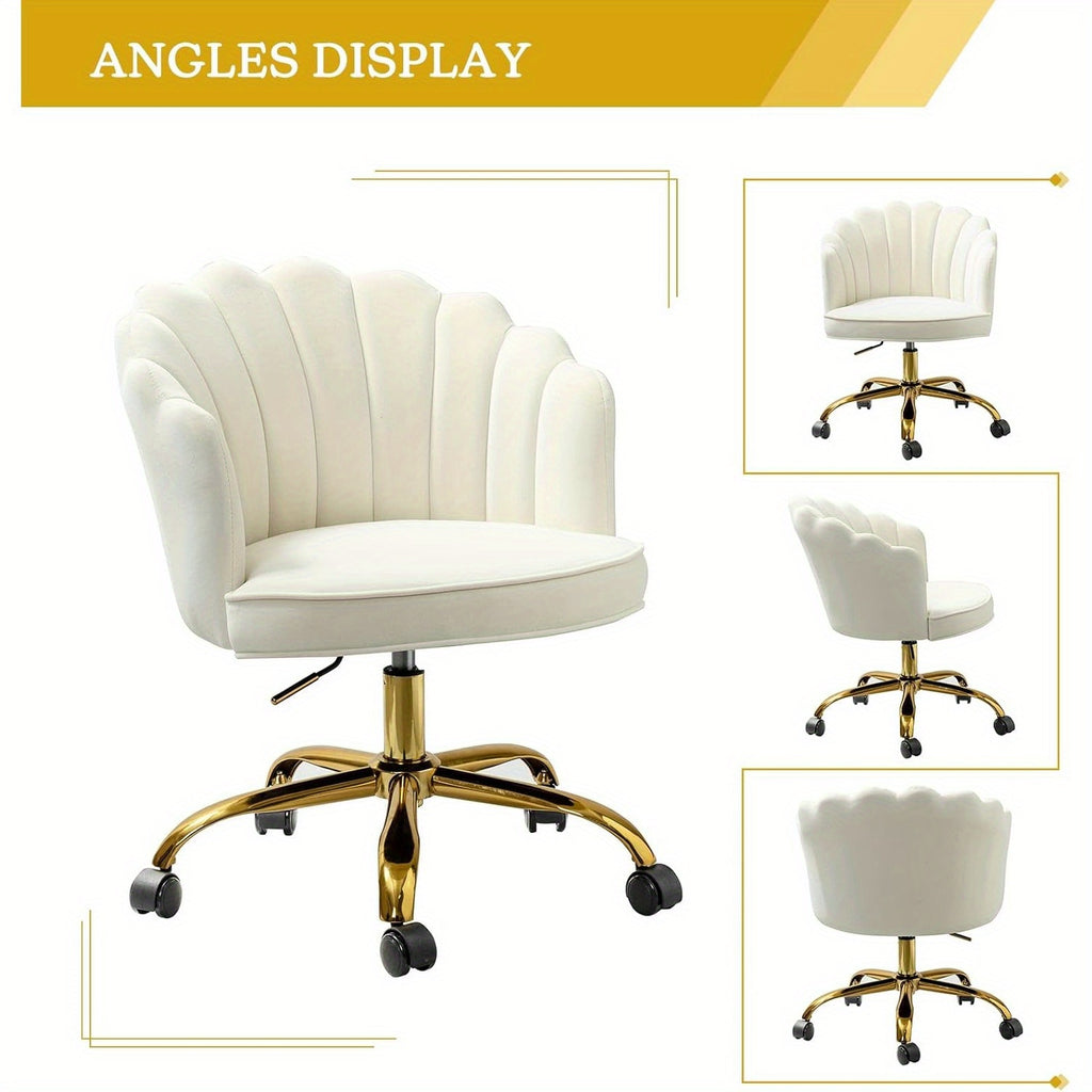 Modern Ivory Velvet Office Chair with Golden Base, Adjustable Swivel Task Chair for Women, Cute Shell Back Upholstered Desk Chair for Home Office, Living Room, or Vanity, 5-Wheel Base for Stability