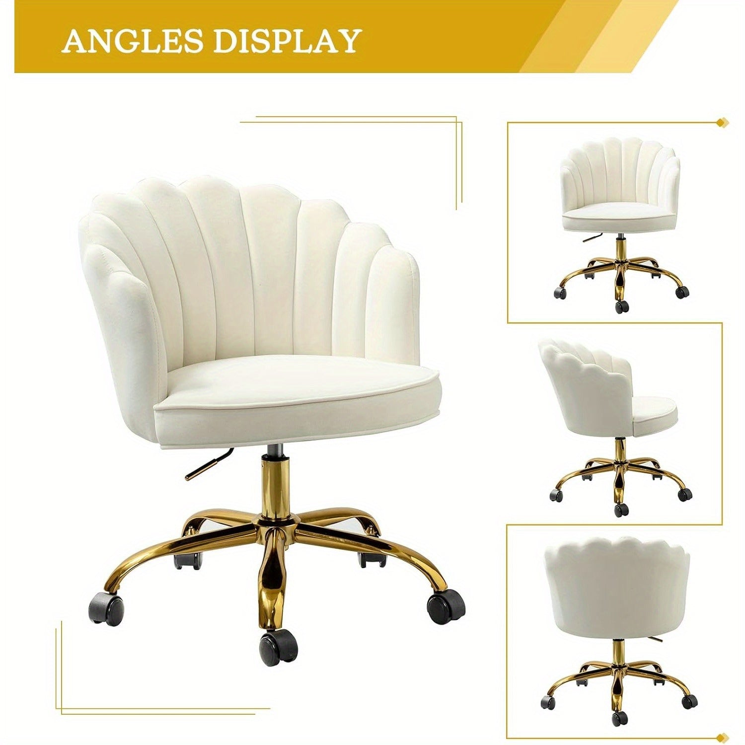 Modern Ivory Velvet Office Chair with Golden Base, Adjustable Swivel Task Chair for Women, Cute Shell Back Upholstered Desk Chair for Home Office, Living Room, or Vanity, 5-Wheel Base for Stability