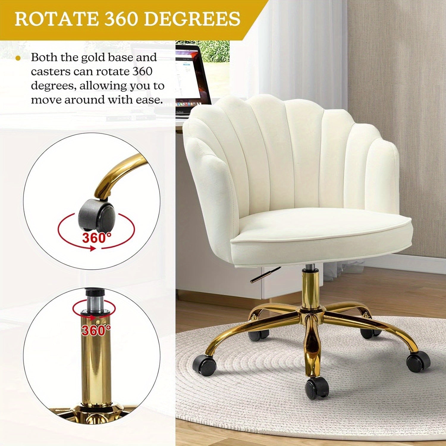 Modern Ivory Velvet Office Chair with Golden Base, Adjustable Swivel Task Chair for Women, Cute Shell Back Upholstered Desk Chair for Home Office, Living Room, or Vanity, 5-Wheel Base for Stability