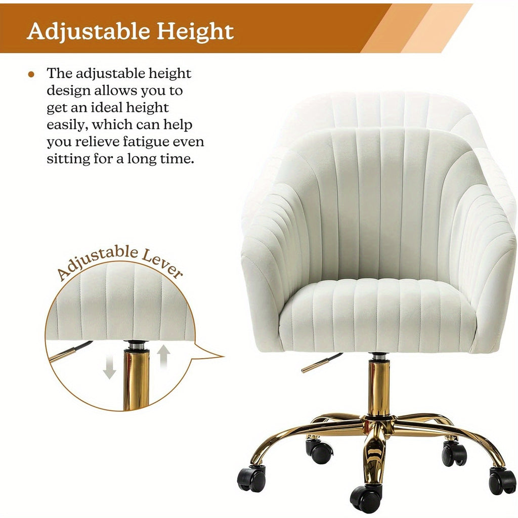 Velvet Home Office Desk Chair, Modern Cute Computer Task Chair, Stadium Seats For Sports Fields, Sport Event, Wheels Swivel Height Adjustable Upholstered Vanity Chair For Women, Girls, Golden Base