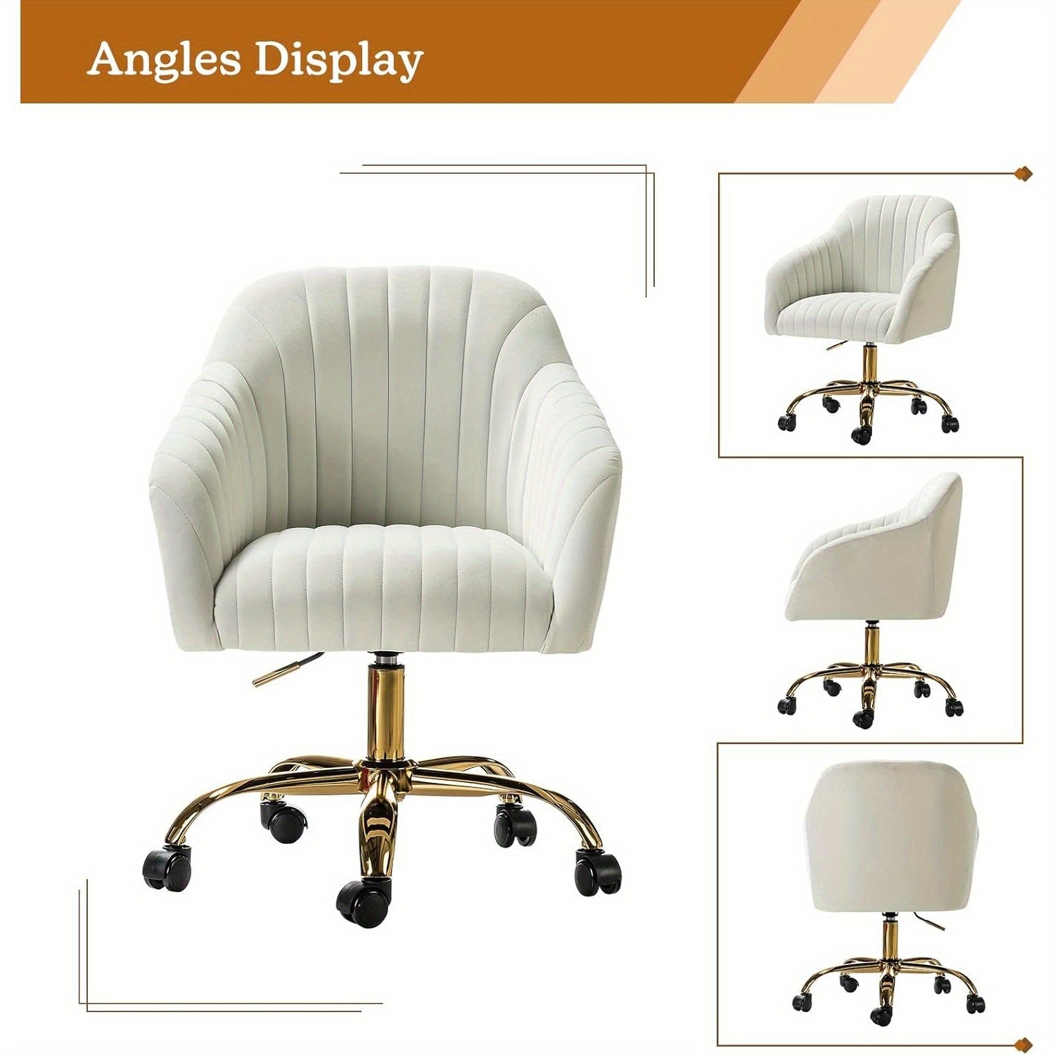 Velvet Home Office Desk Chair, Modern Cute Computer Task Chair, Stadium Seats For Sports Fields, Sport Event, Wheels Swivel Height Adjustable Upholstered Vanity Chair For Women, Girls, Golden Base