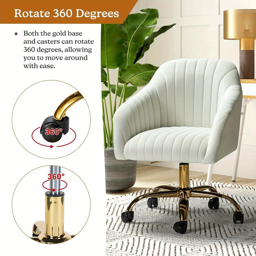 Velvet Home Office Desk Chair, Modern Cute Computer Task Chair, Stadium Seats For Sports Fields, Sport Event, Wheels Swivel Height Adjustable Upholstered Vanity Chair For Women, Girls, Golden Base