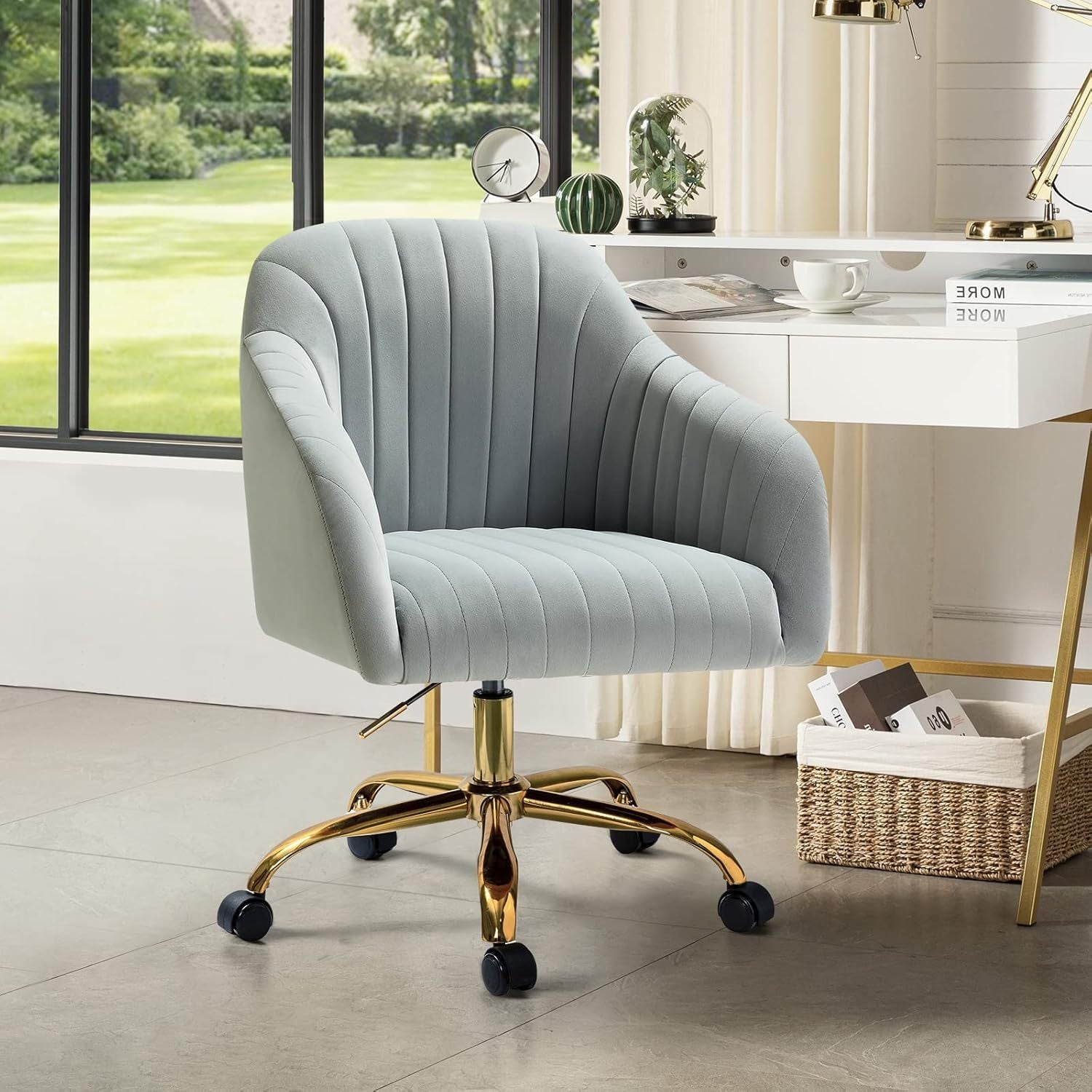 Velvet Home Office Desk Chair, Modern Cute Computer Task Chair, Stadium Seats For Sports Fields, Sport Event, Wheels Swivel Height Adjustable Upholstered Vanity Chair For Women, Girls, Golden Base