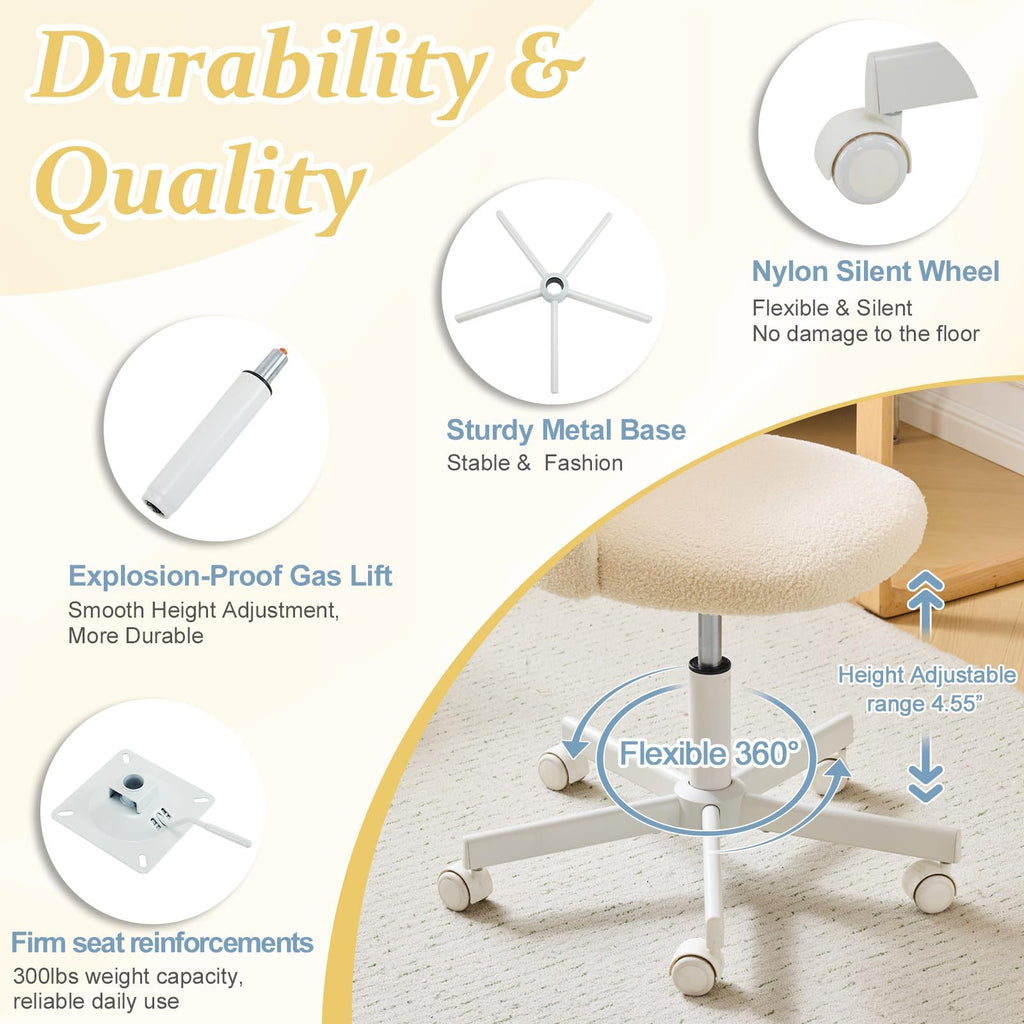VINGLI Modern Teddy Fluffy Small Office Chair,Cute Desk Chair with Wheels,Gold Base\u002FStuds, Comfy Armless Swivel Vanity Task Chair, Nail Tech Chair for Bedroom,Small Space