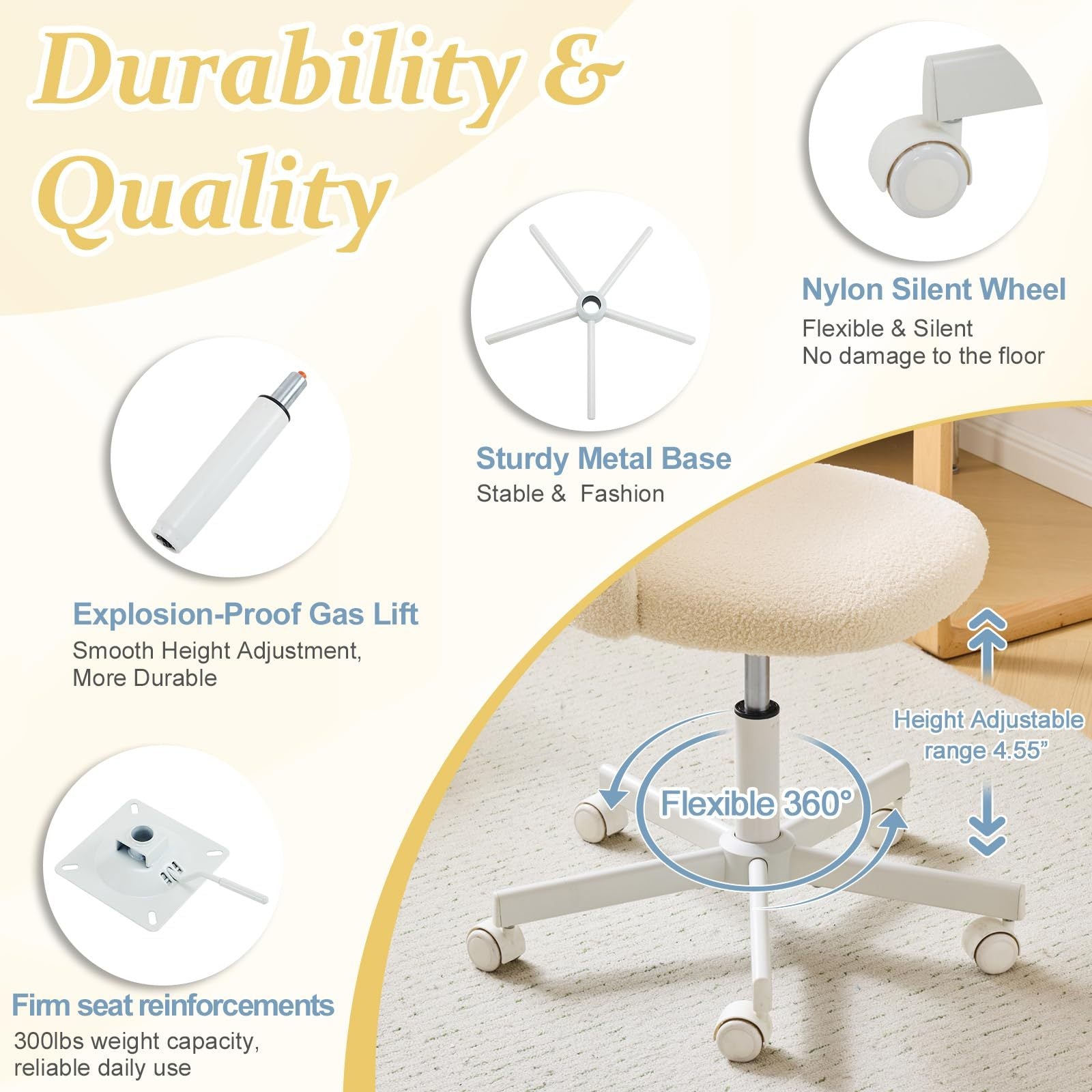 VINGLI Modern Teddy Fluffy Small Office Chair,Cute Desk Chair with Wheels,Gold Base\u002FStuds, Comfy Armless Swivel Vanity Task Chair, Nail Tech Chair for Bedroom,Small Space