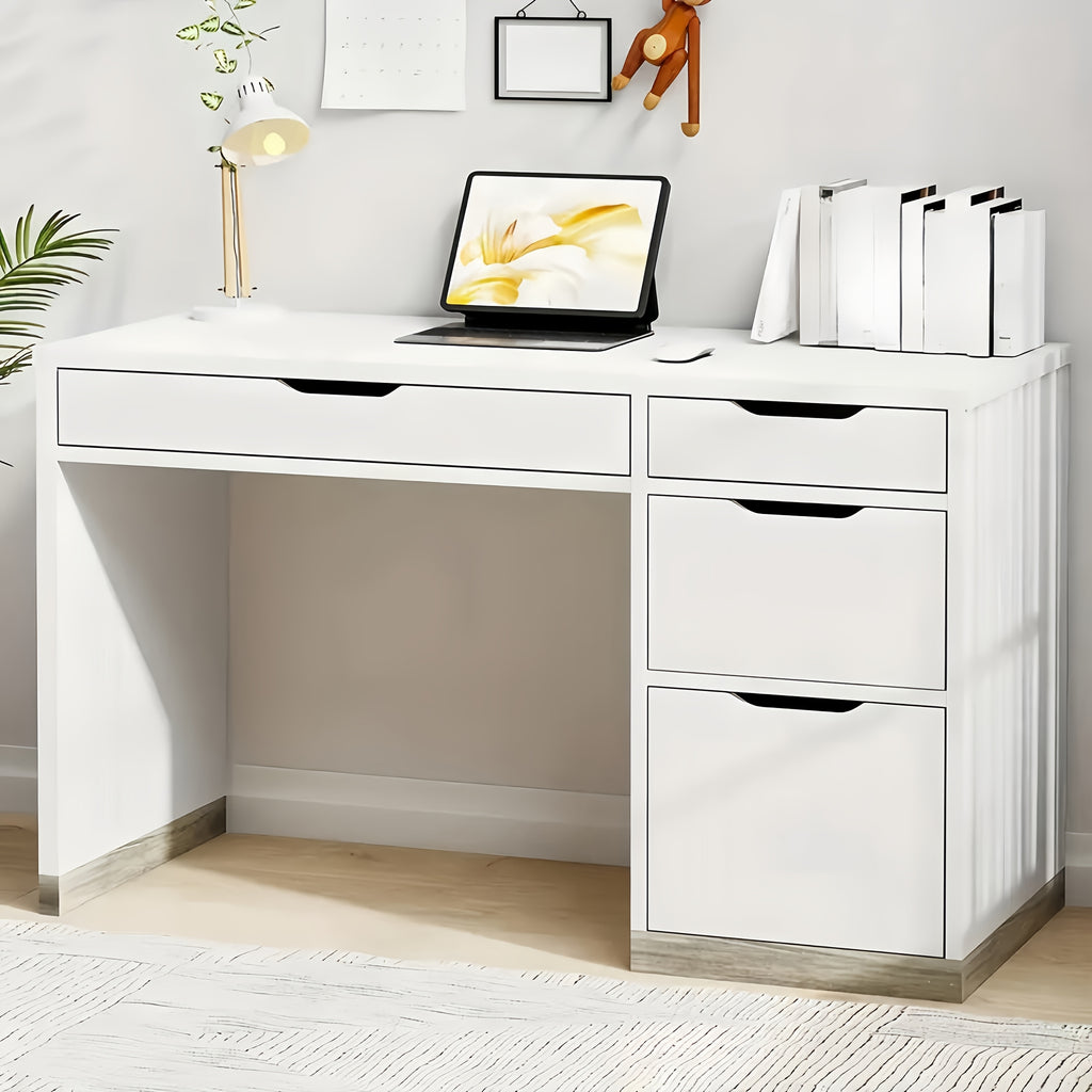 Desk With 4 Drawers, Small Desk With Storage, Desks With Drawers, Study Desk For Bedroom, White Computer Desk With Filing Cabinet, Small Space, White