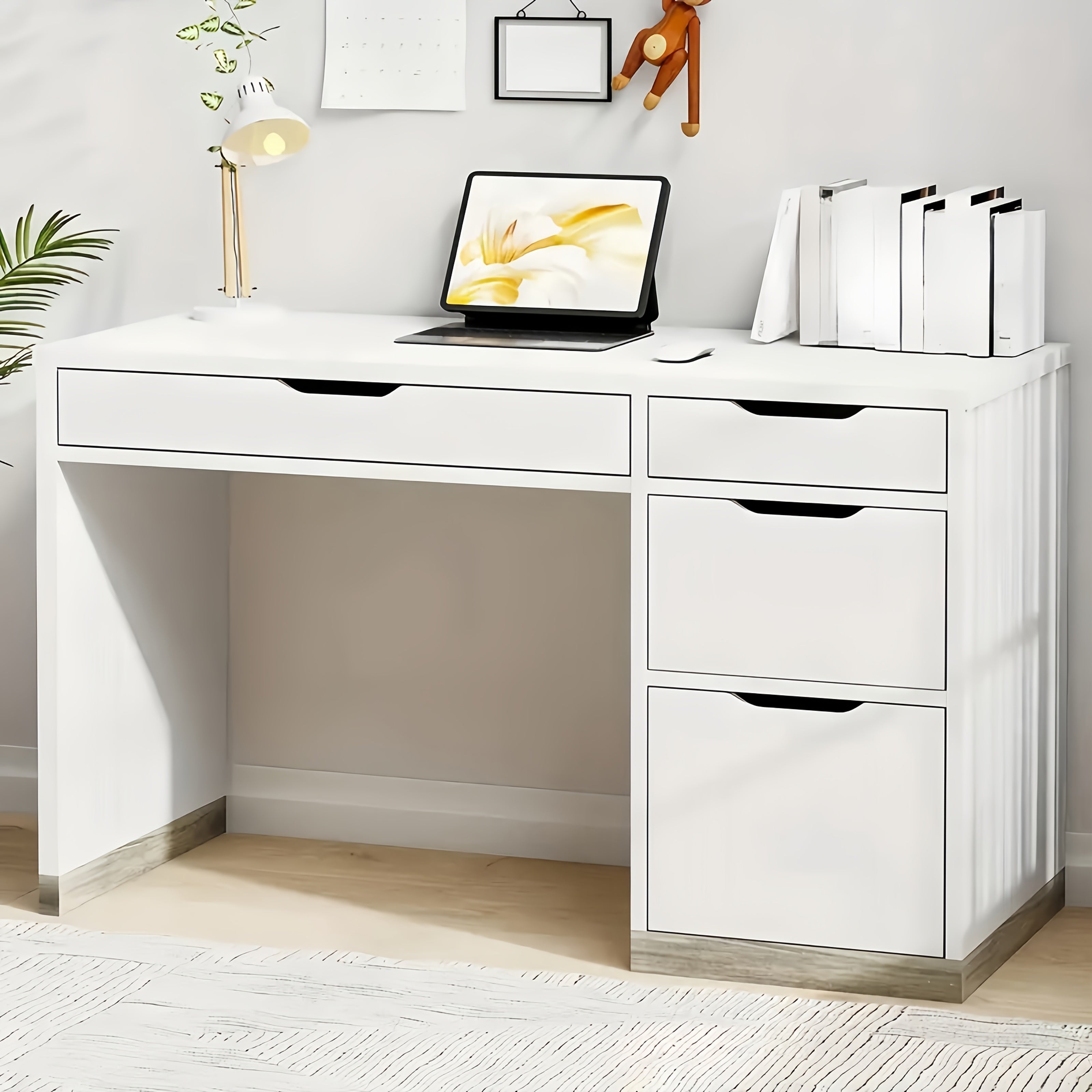 Desk With 4 Drawers, Small Desk With Storage, Desks With Drawers, Study Desk For Bedroom, White Computer Desk With Filing Cabinet, Small Space, White