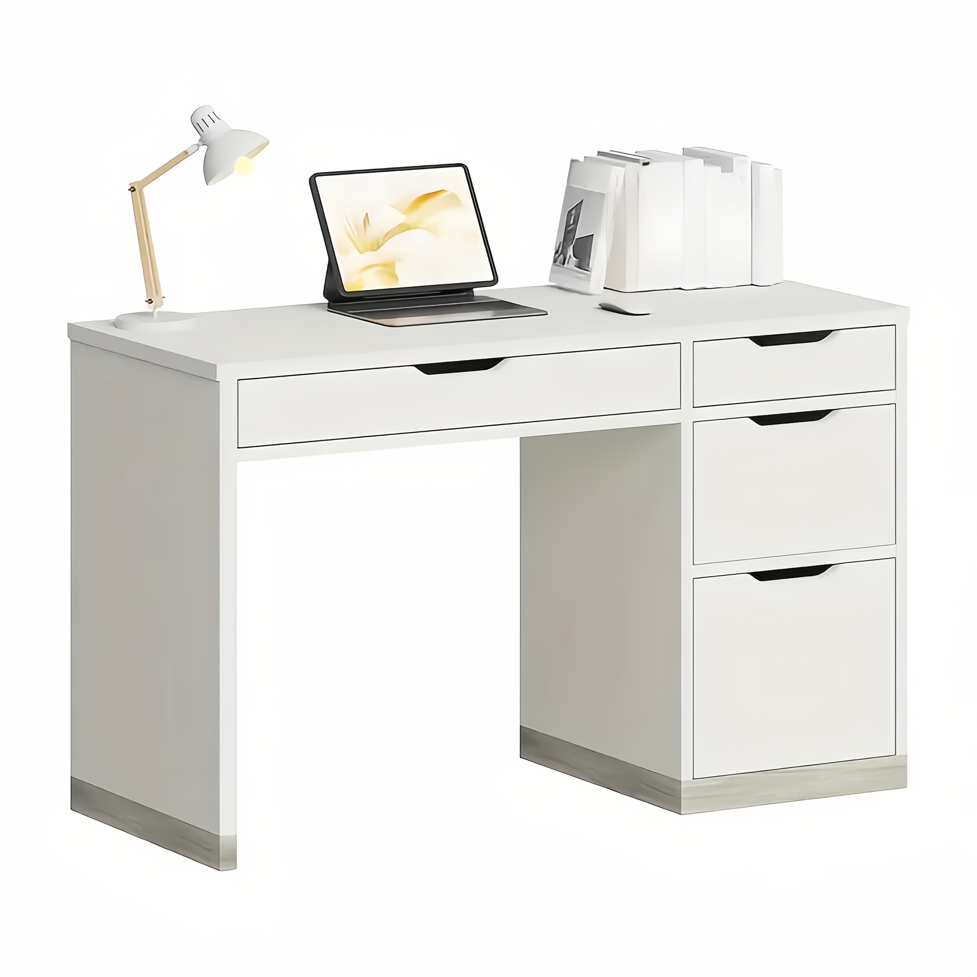 Desk With 4 Drawers, Small Desk With Storage, Desks With Drawers, Study Desk For Bedroom, White Computer Desk With Filing Cabinet, Small Space, White