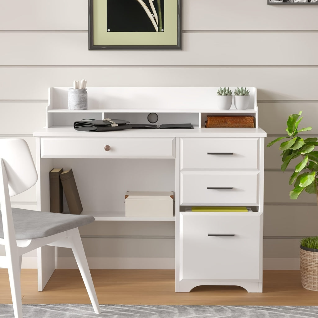 White, Brown, Wood Gray, Cream Computer Desk With 4 Drawers And Hutch, Home Office Writing Desk With File Drawer And Shelves For Small Spaces, Small Desk Study Table For Bedroom, White, Brown, Wood Gray, Cream