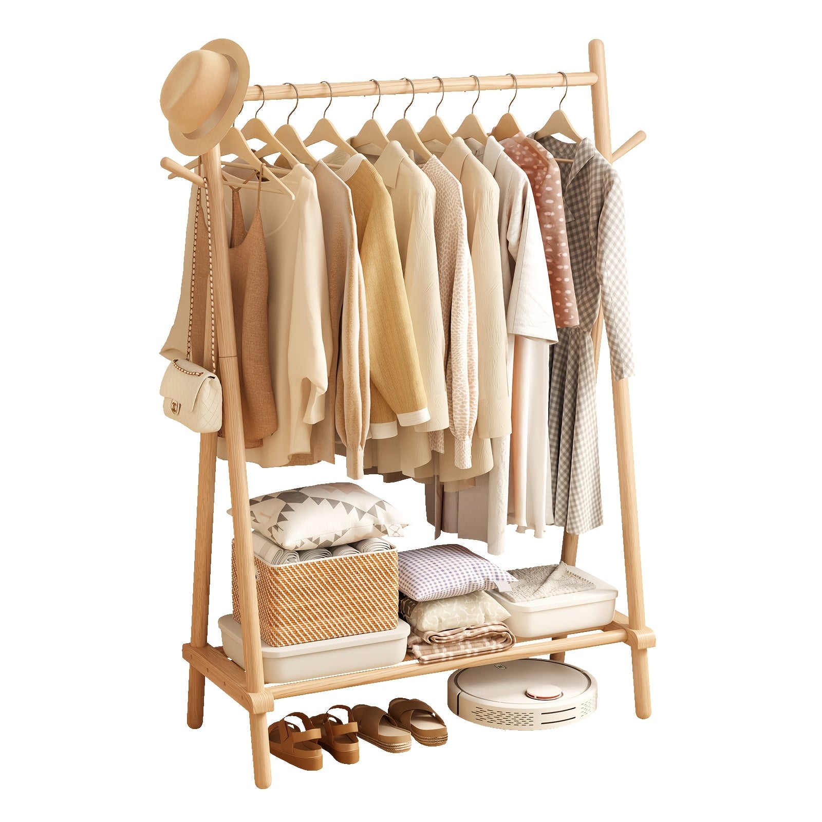 KASLANDI Free Shipping - Solid Wood Clothes Rack, Portable Garment Rack With Hooks And Shelf, Sturdy Freestanding Clothing Organizer For Coats, Dresses, Shoes, Bags, Easy To Assemble Storage Solution For Bedroom, Entryway, Living Room