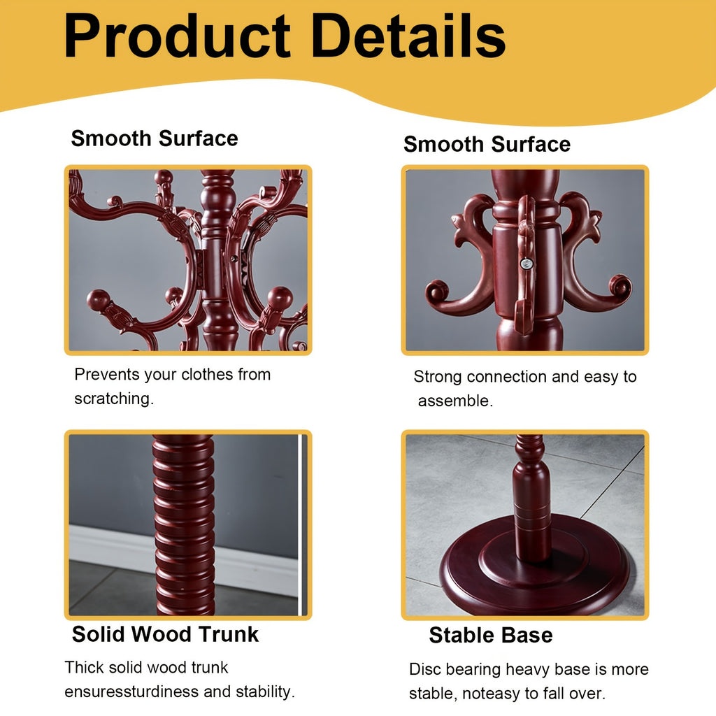 Coat Rack Freestanding, Wooden Coat Rack 14 Hooks, Solid Tree Coat Hanger Stable Disc Base, Adjustable Floor Hanger, for Bedroom Office Hallway Entryway