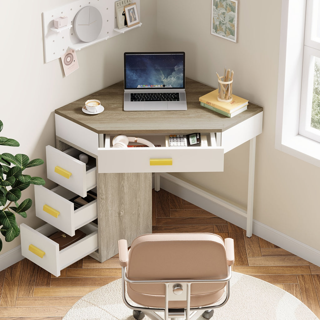 Triangle Corner Desk, Modern Computer Desk With 3 Drawers, 90-Degree Writing Desk PC Table Makeup Vanity Desk With Storage For Home Office, Living Room, Bedroom (White And Grey)
