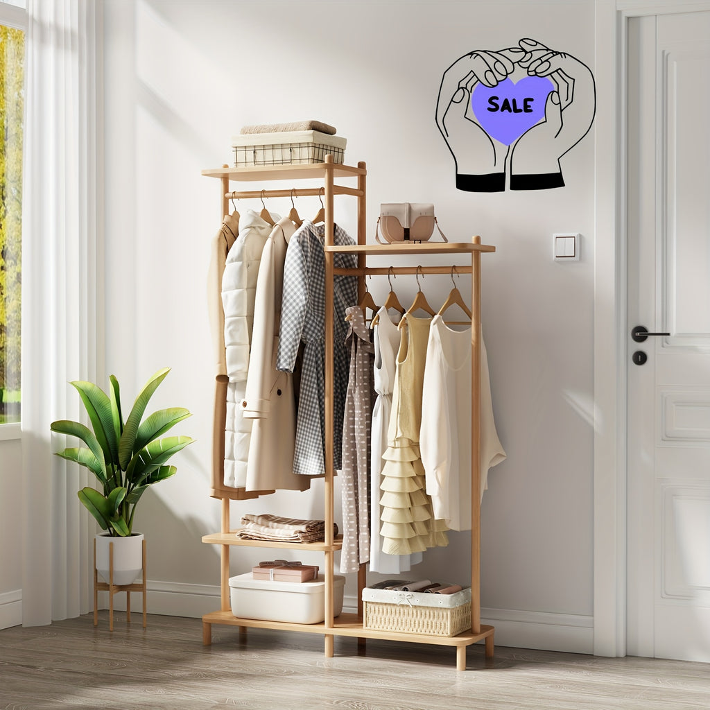 Kaslandi Solid Wood Coat Rack Furniture | Multi-Tier Hanging Rack, Clothes Hanging Rack, Clothes Drying Rack | Upper And Lower Storage + Alphabet Shelf Design | Versatile for Foyer And Bedroom! Free Shipping
