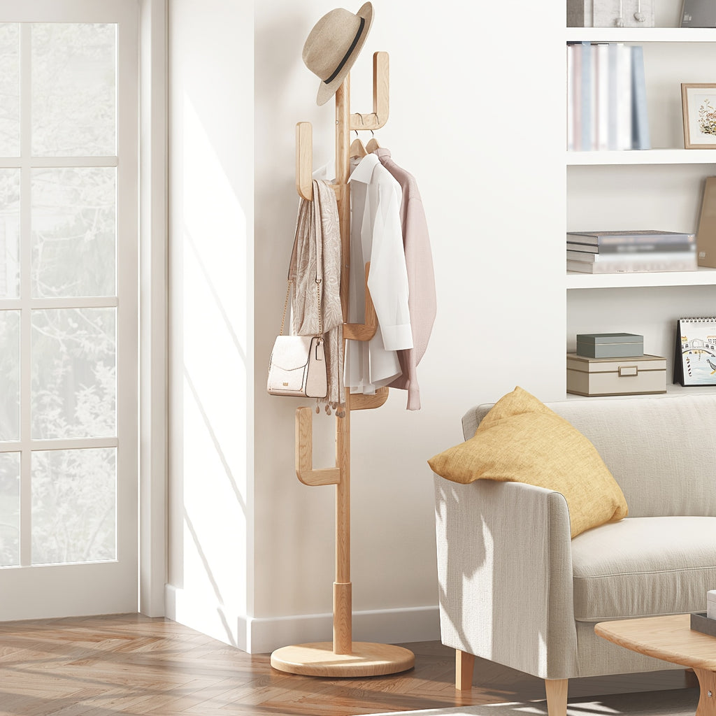 KASLANDI Office FurnitureFree Shipping Solid Wood Cactus Coat Rack in Classic Natural Wood with Grid Storage Rack, Adjustable Height, Sturdy and Easy to Assemble, Furniture for Home, Valentine'S Day Gift